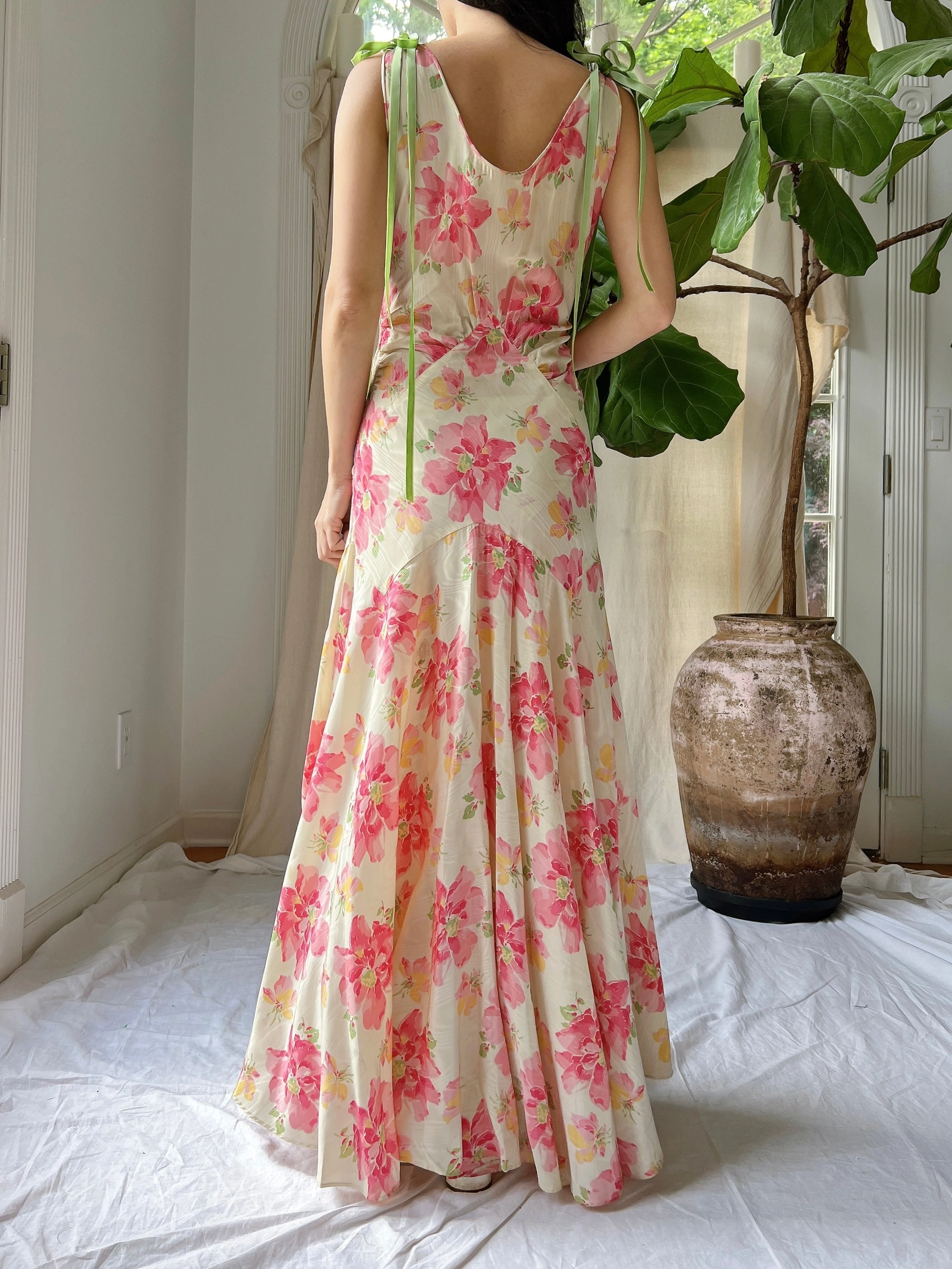1930s Moire Floral Dress - S