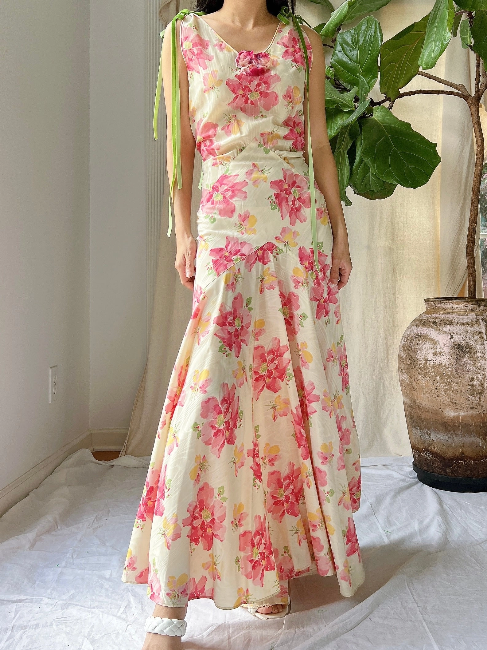1930s Moire Floral Dress - S