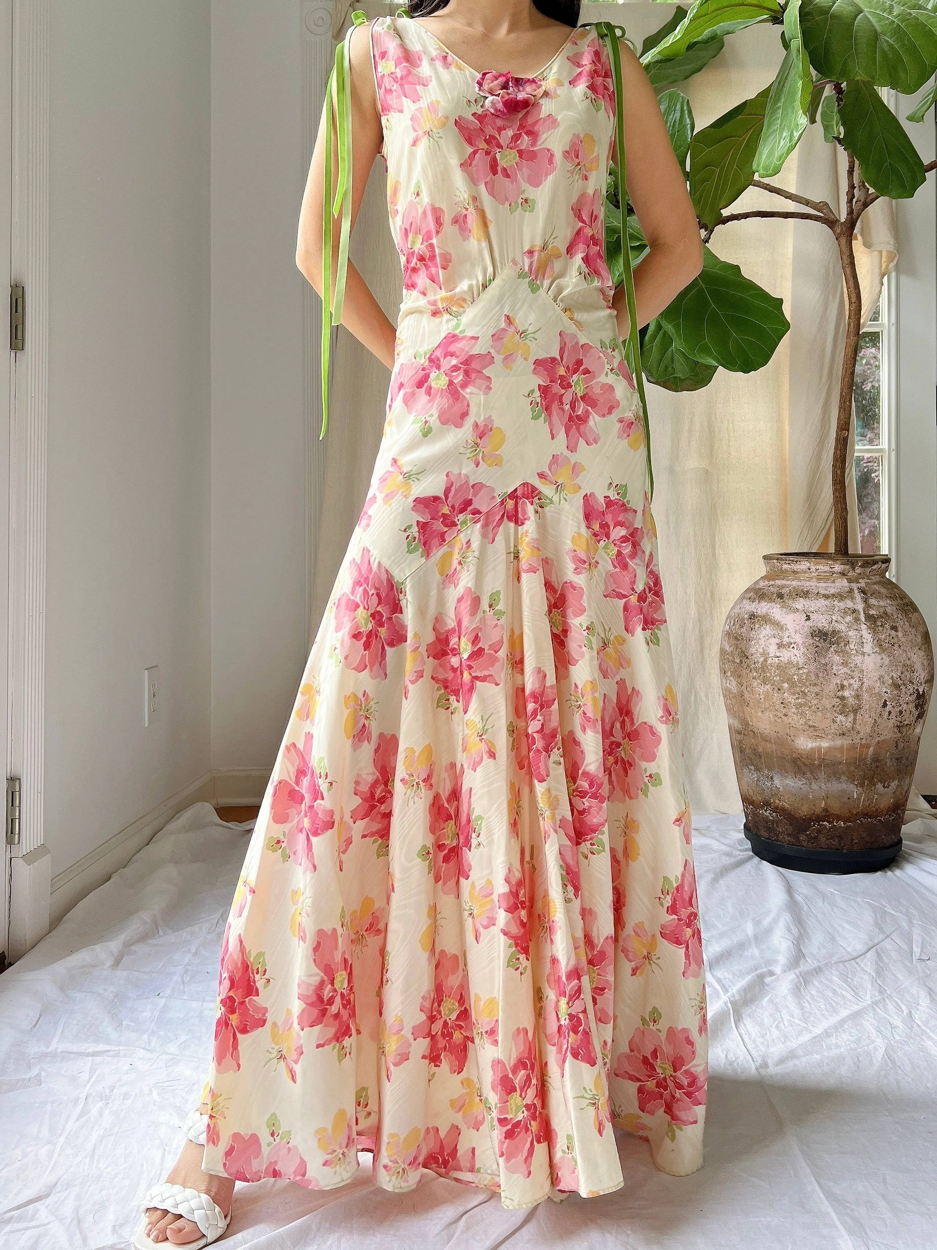 1930s Moire Floral Dress - S