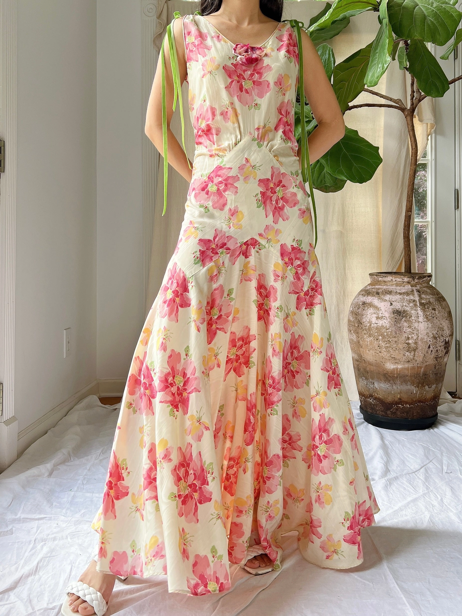 1930s Moire Floral Dress - S