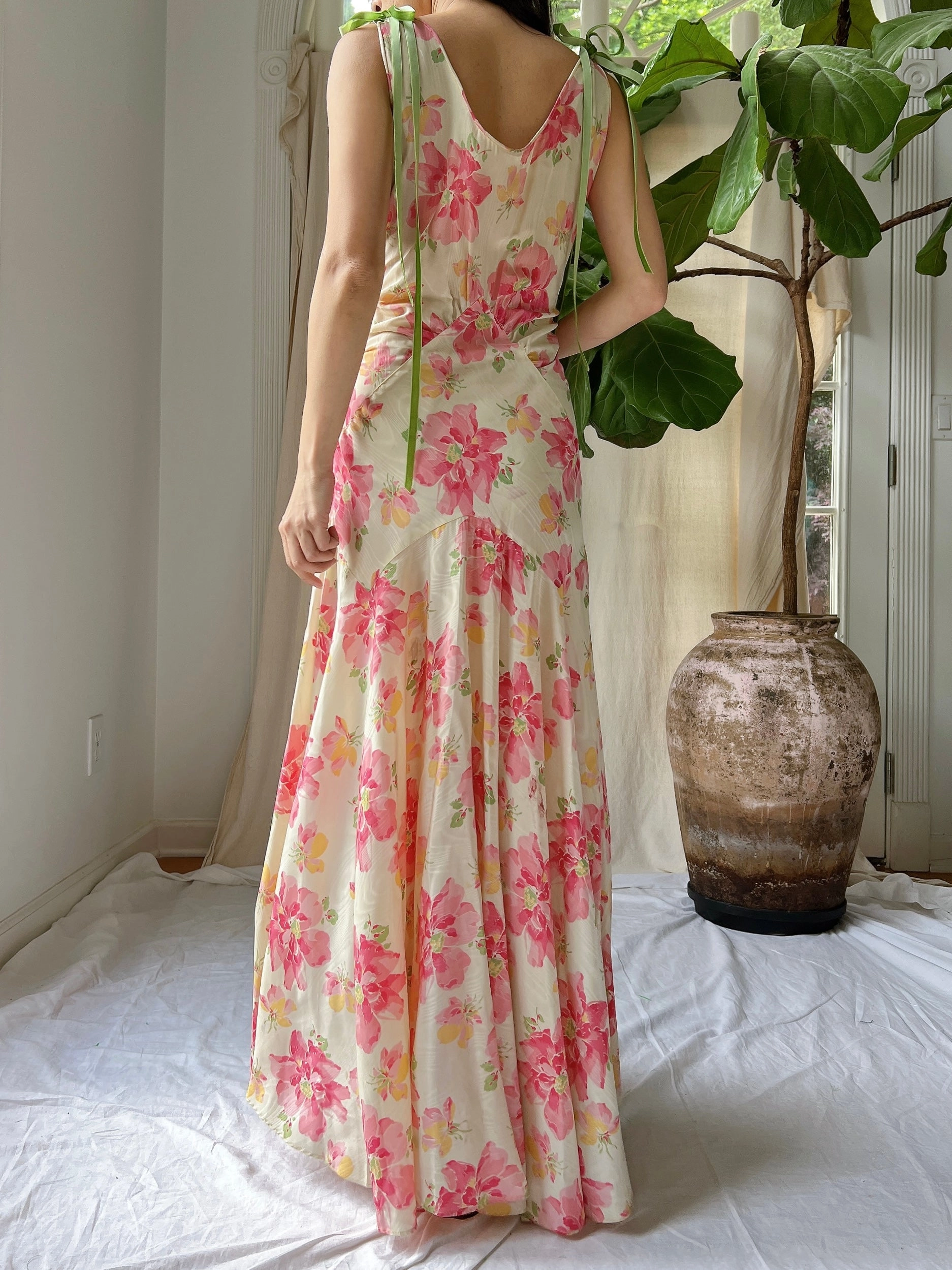 1930s Moire Floral Dress - S