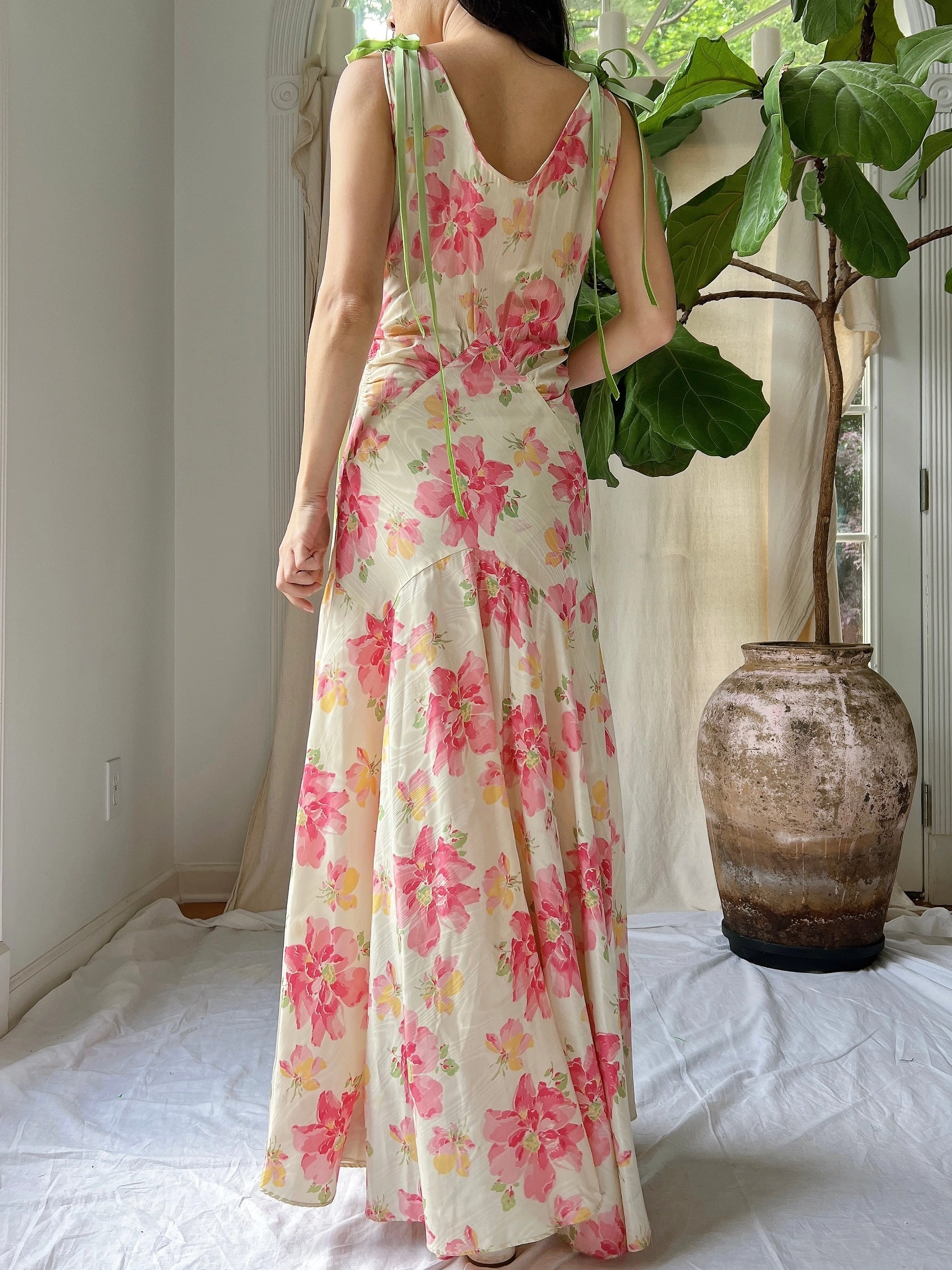 1930s Moire Floral Dress - S