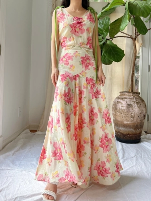 1930s Moire Floral Dress - S