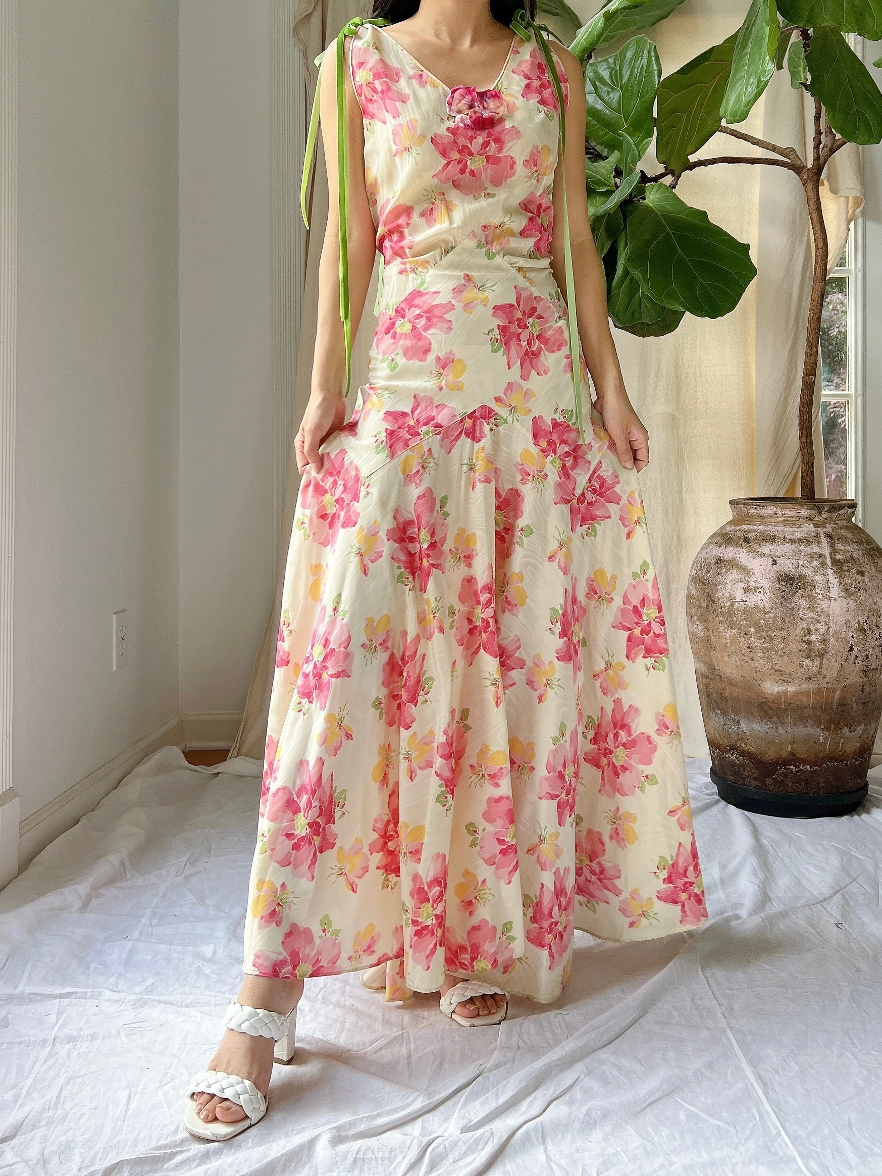 1930s Moire Floral Dress - S