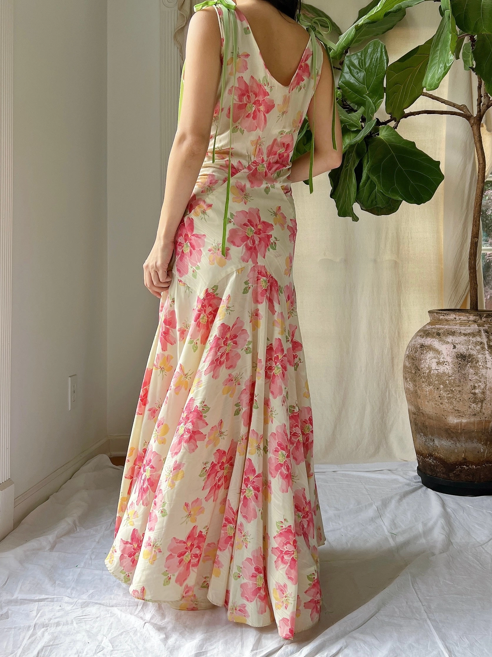 1930s Moire Floral Dress - S