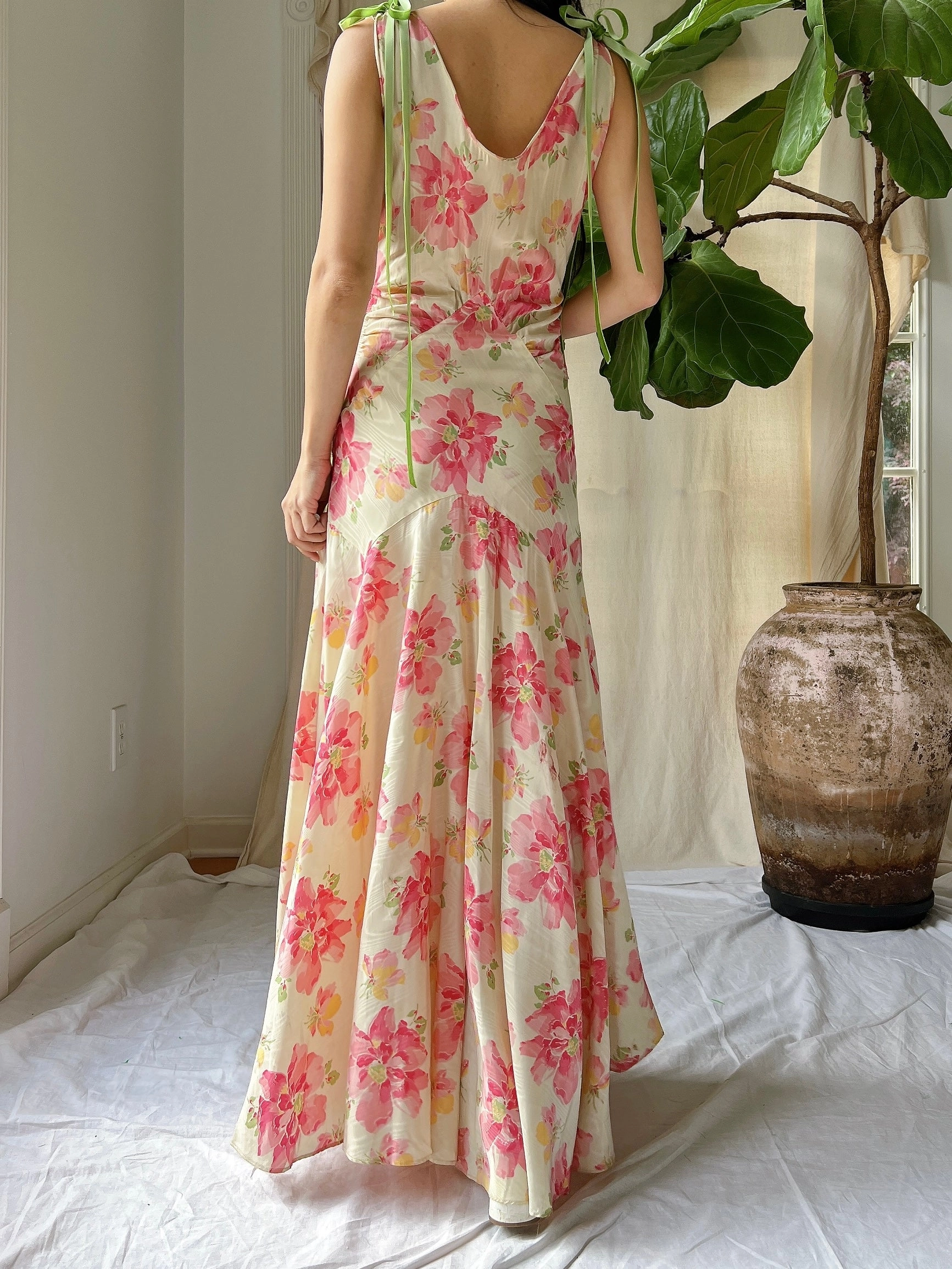 1930s Moire Floral Dress - S