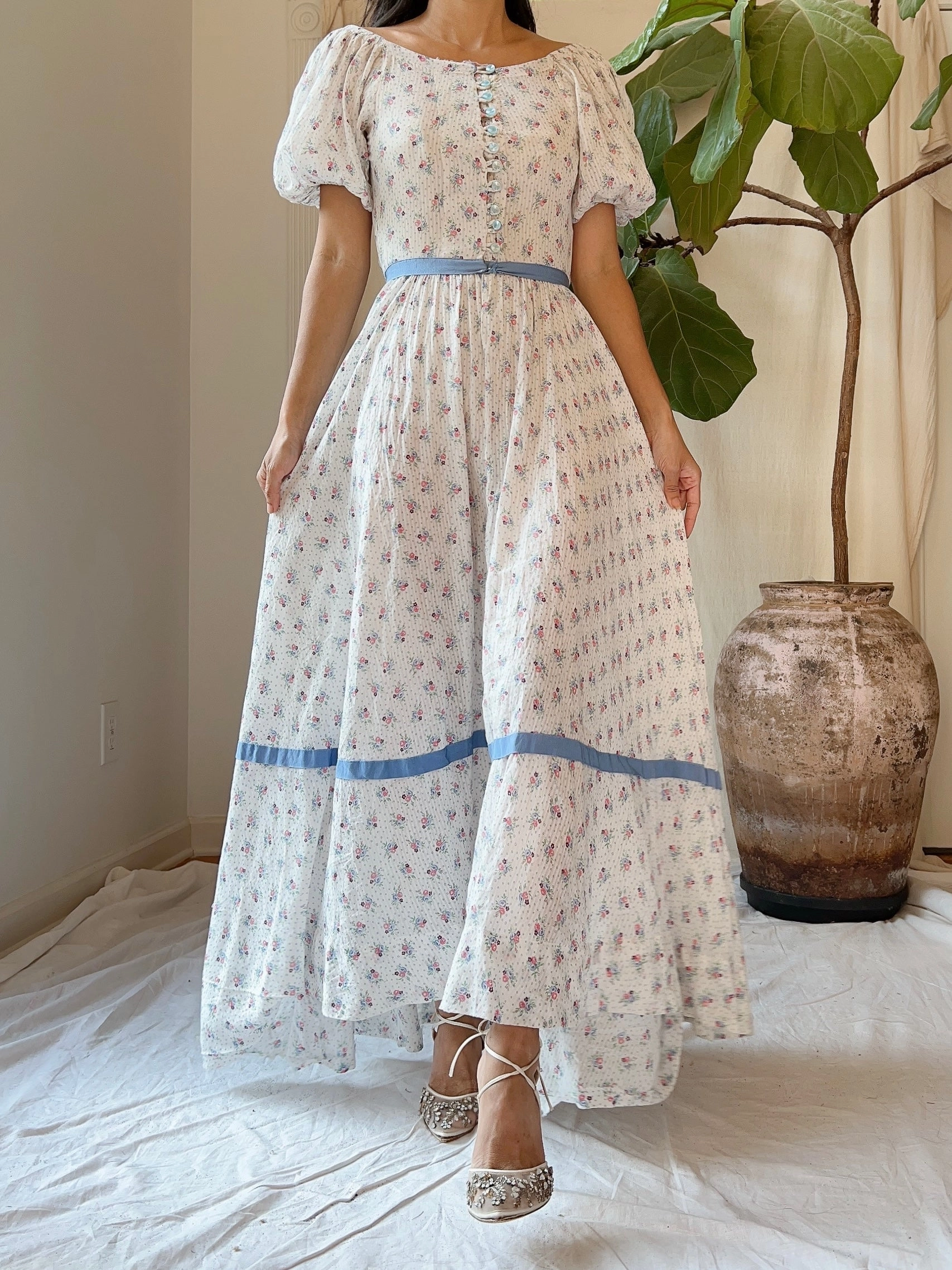1930s Puff Sleeve Cotton Floral Dress - XS