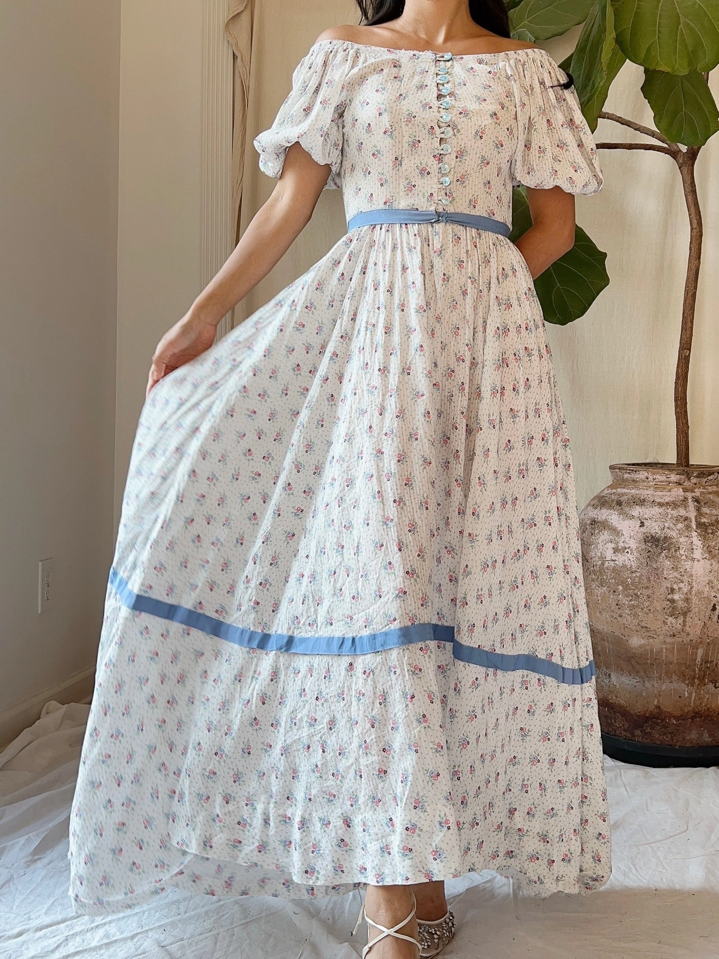 1930s Puff Sleeve Cotton Floral Dress - XS