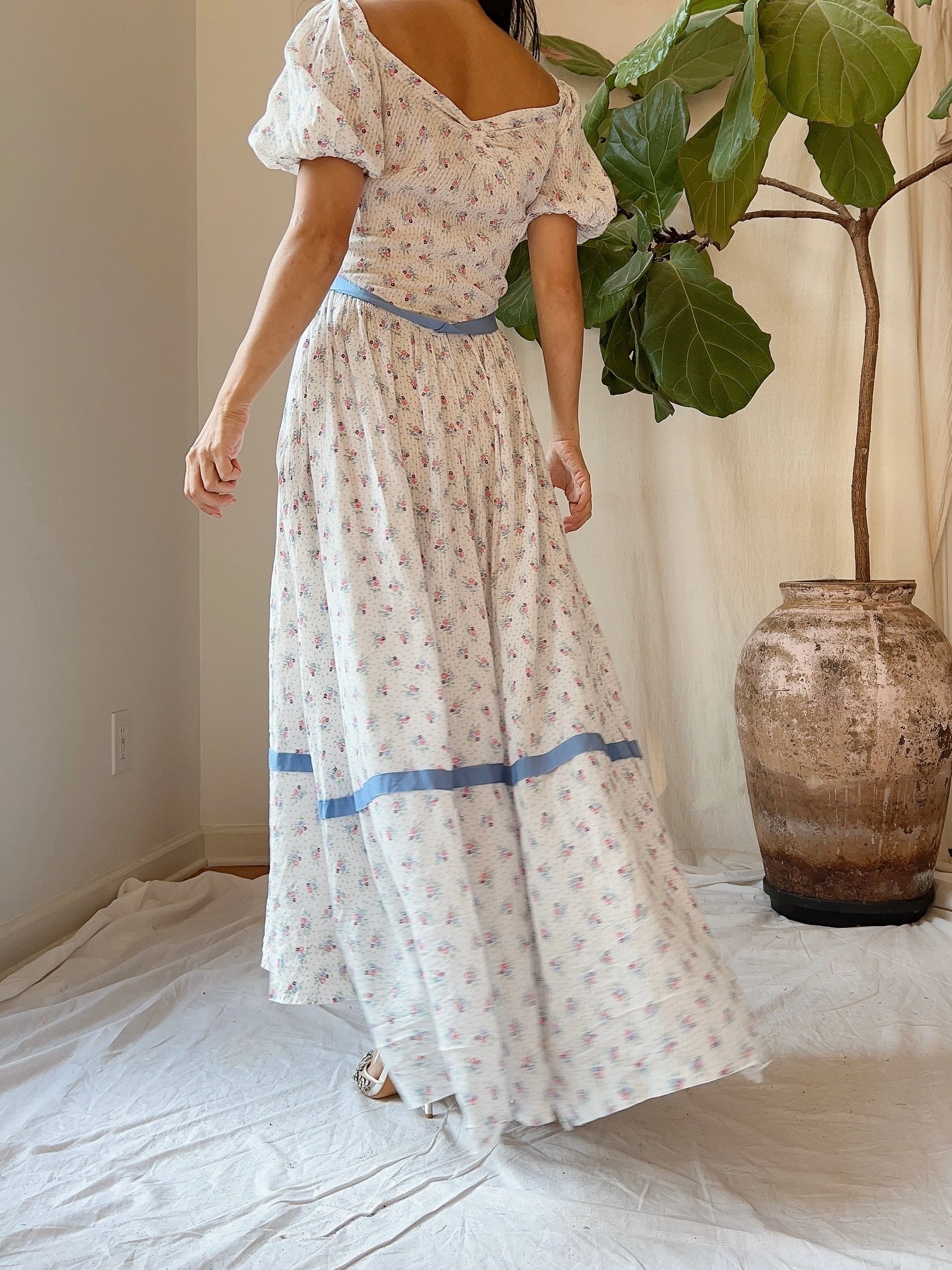 1930s Puff Sleeve Cotton Floral Dress - XS