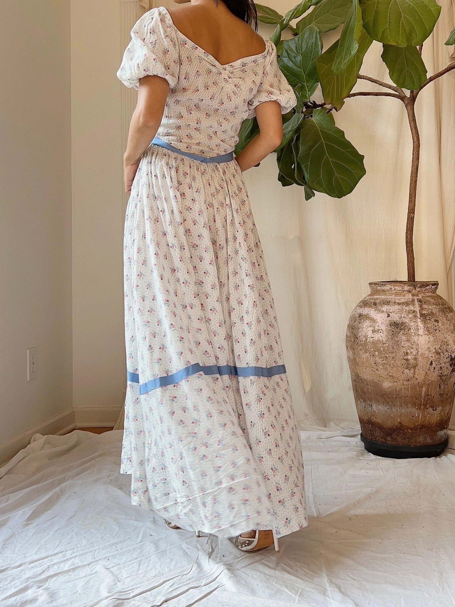 1930s Puff Sleeve Cotton Floral Dress - XS