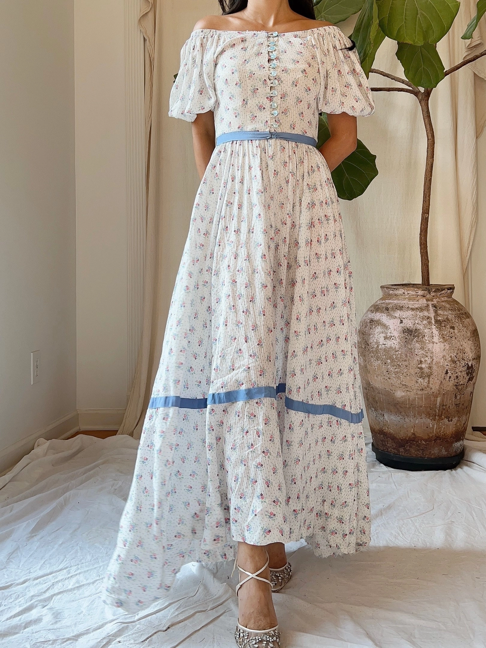 1930s Puff Sleeve Cotton Floral Dress - XS