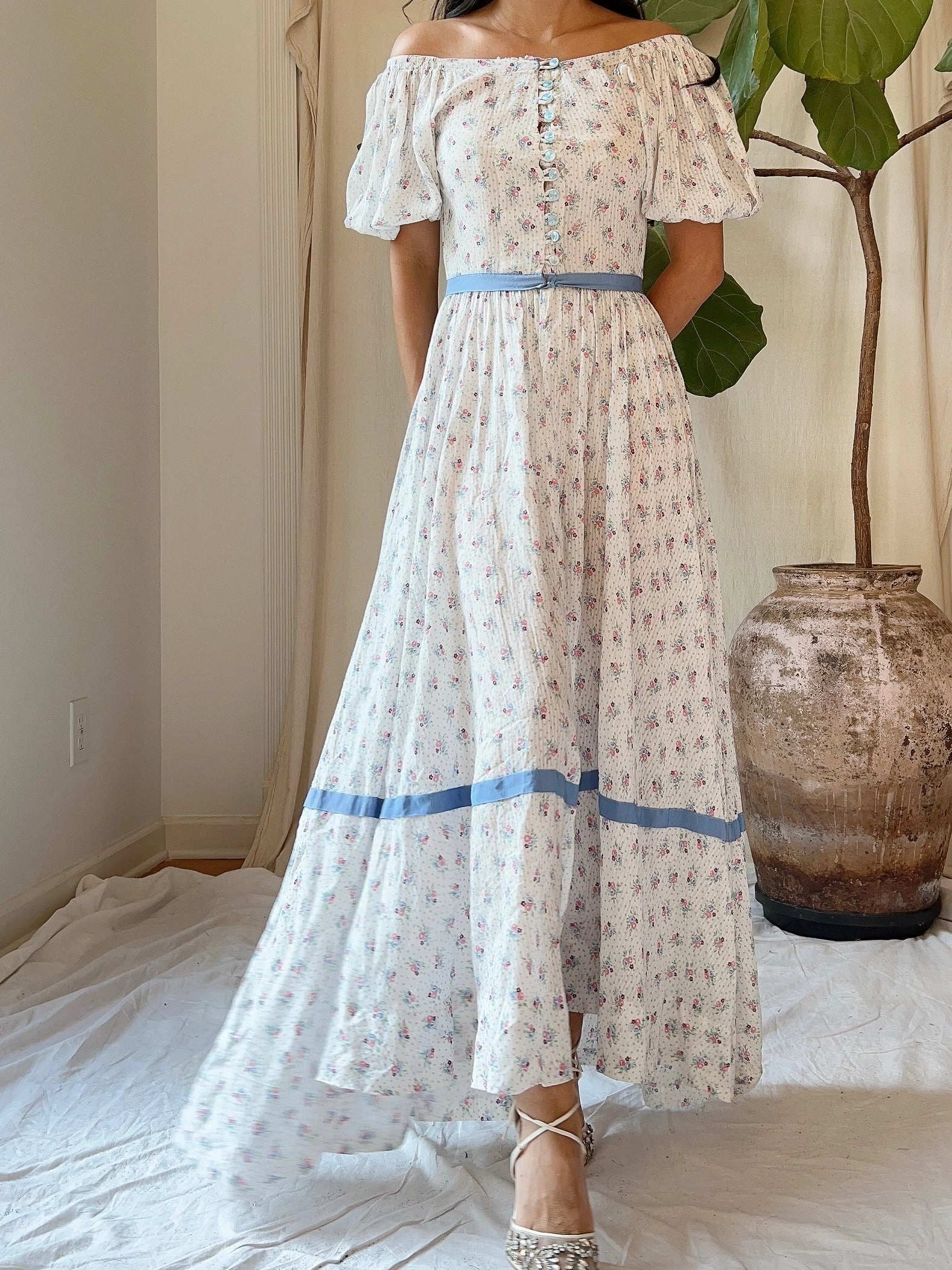1930s Puff Sleeve Cotton Floral Dress - XS