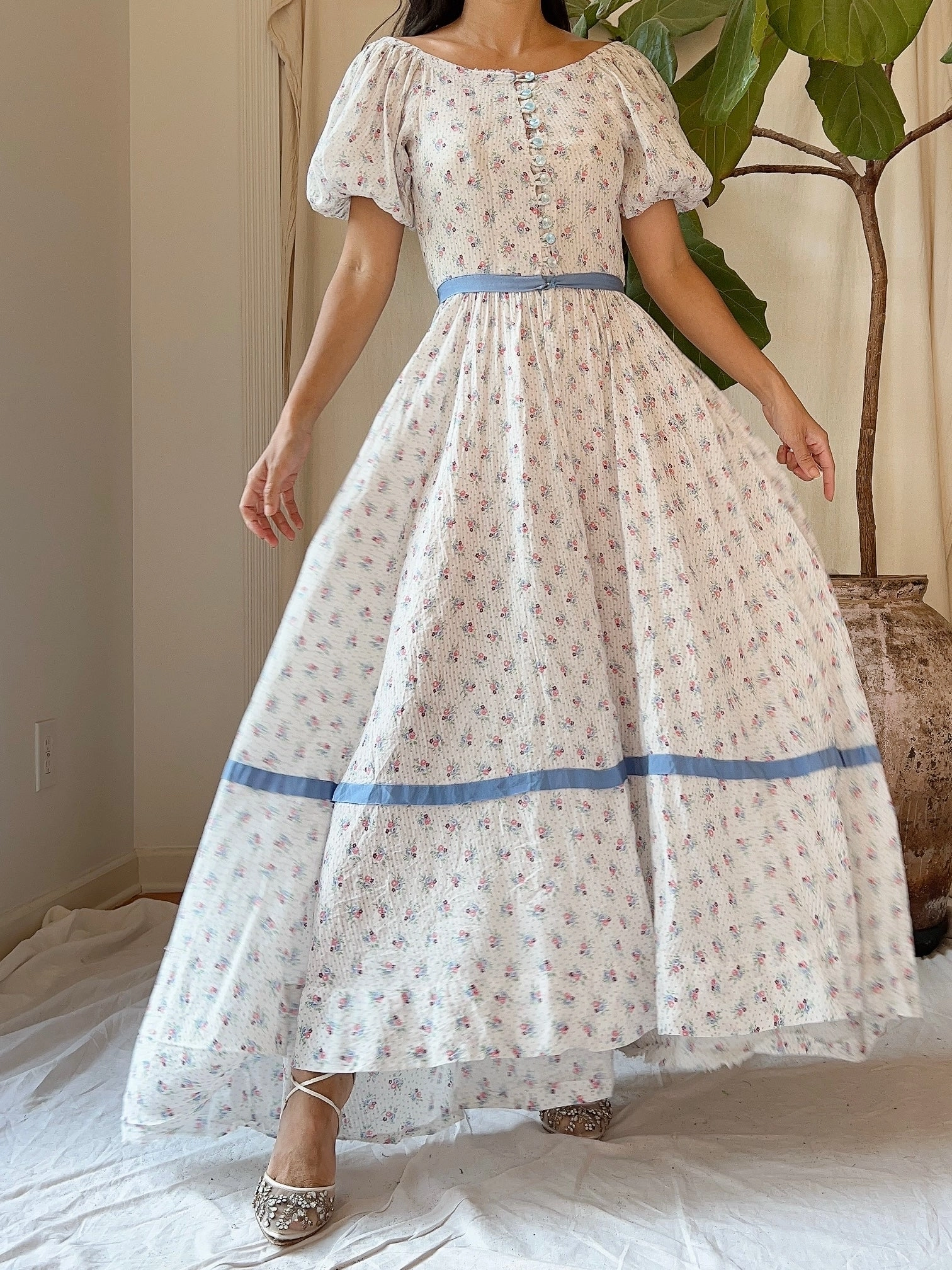 1930s Puff Sleeve Cotton Floral Dress - XS