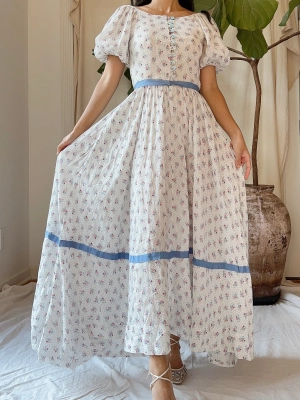 1930s Puff Sleeve Cotton Floral Dress - XS