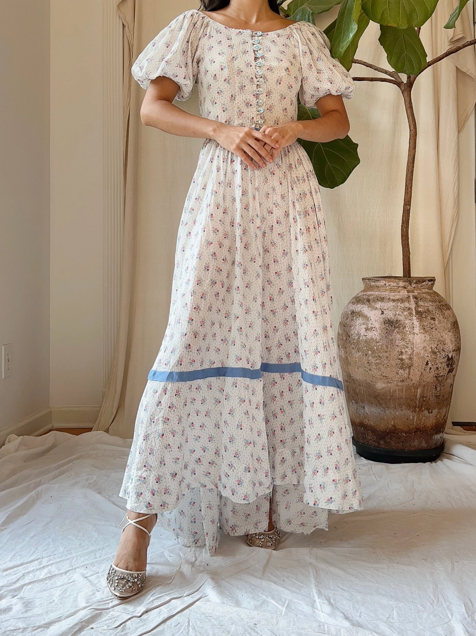 1930s Puff Sleeve Cotton Floral Dress - XS