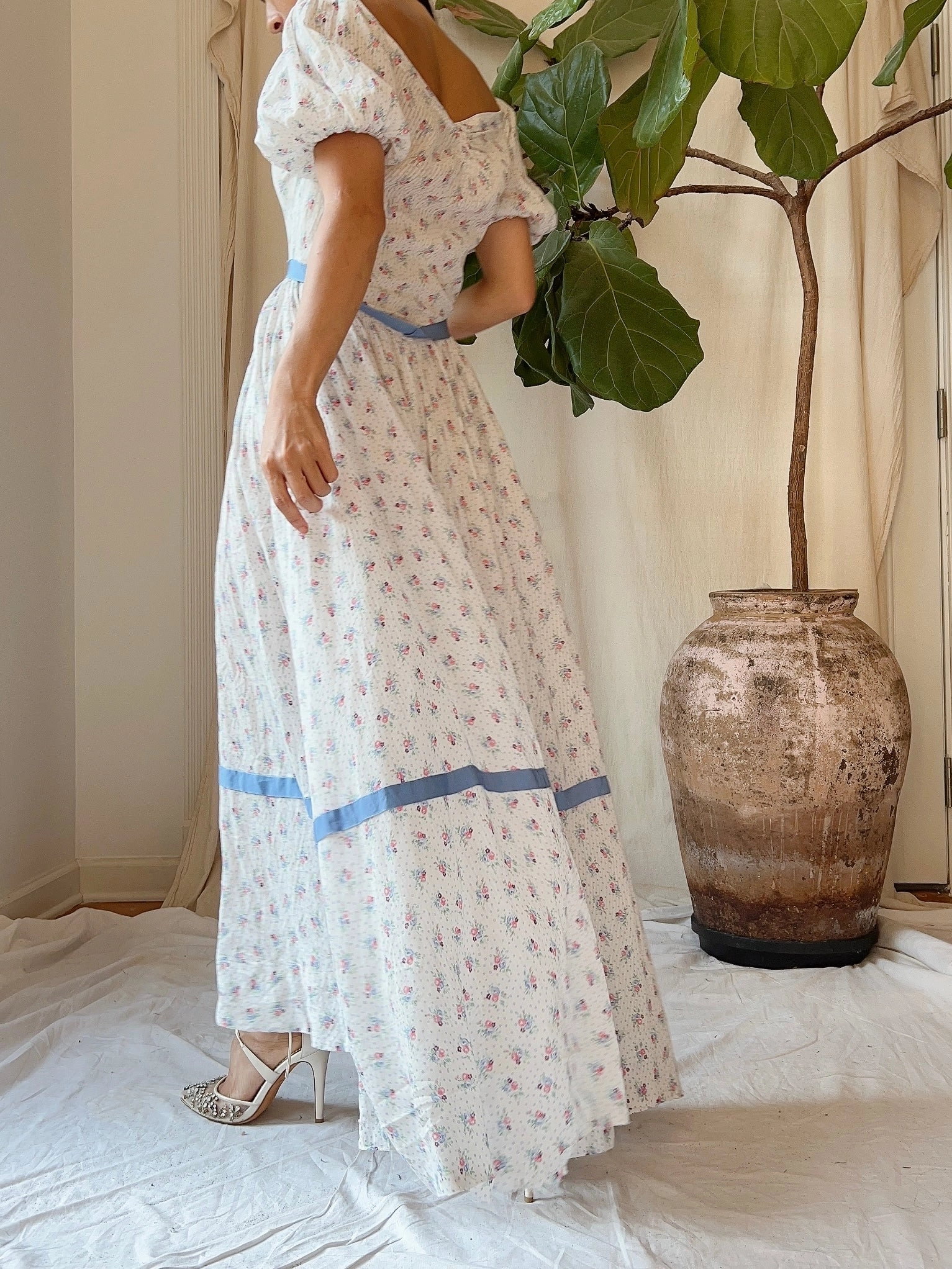 1930s Puff Sleeve Cotton Floral Dress - XS