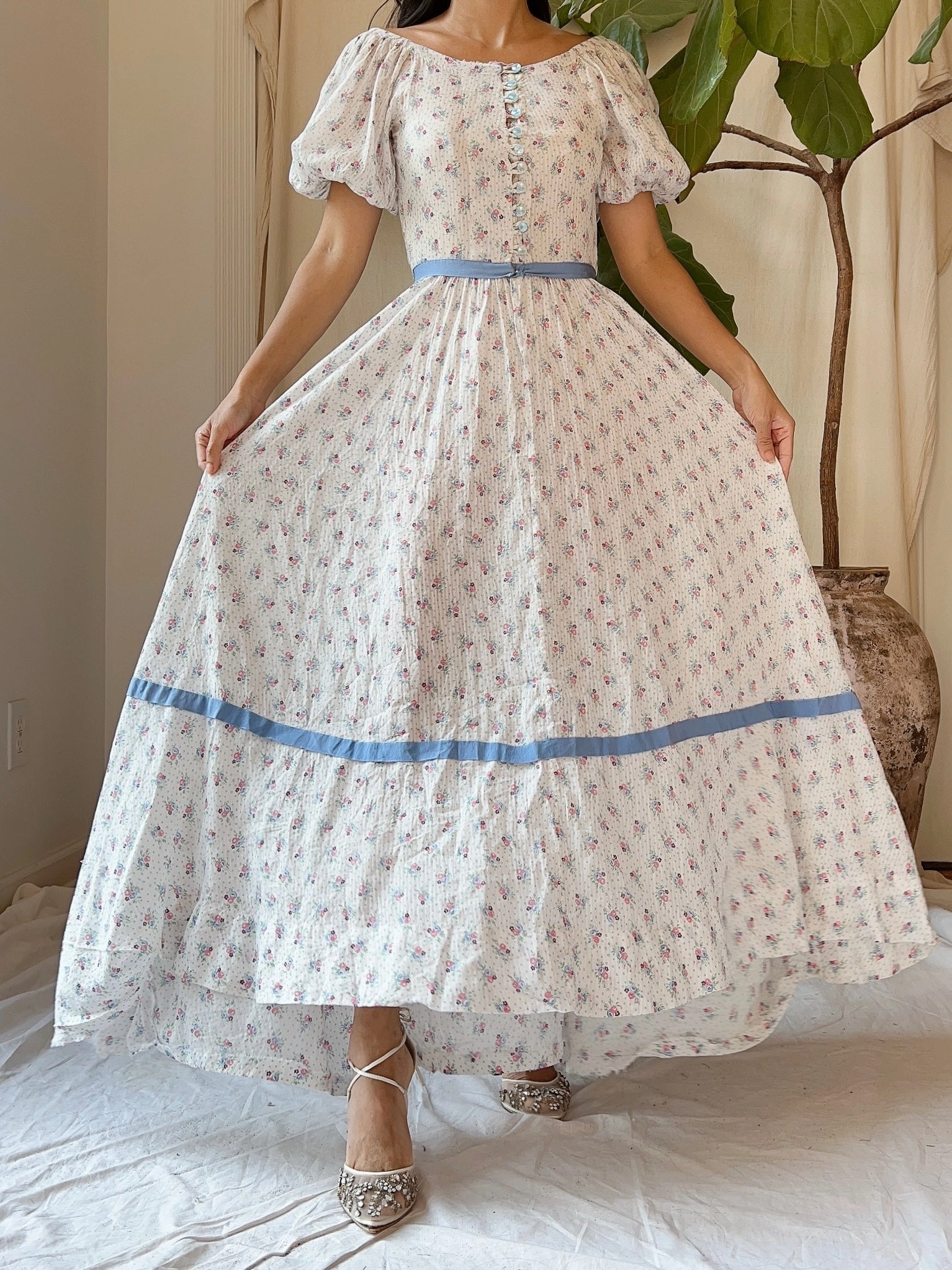 1930s Puff Sleeve Cotton Floral Dress - XS