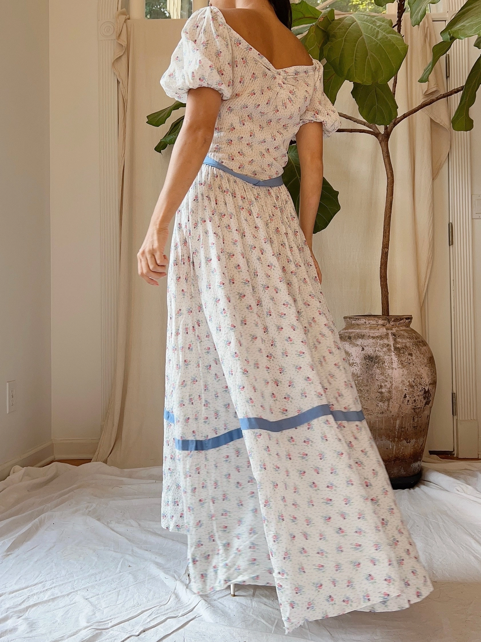 1930s Puff Sleeve Cotton Floral Dress - XS