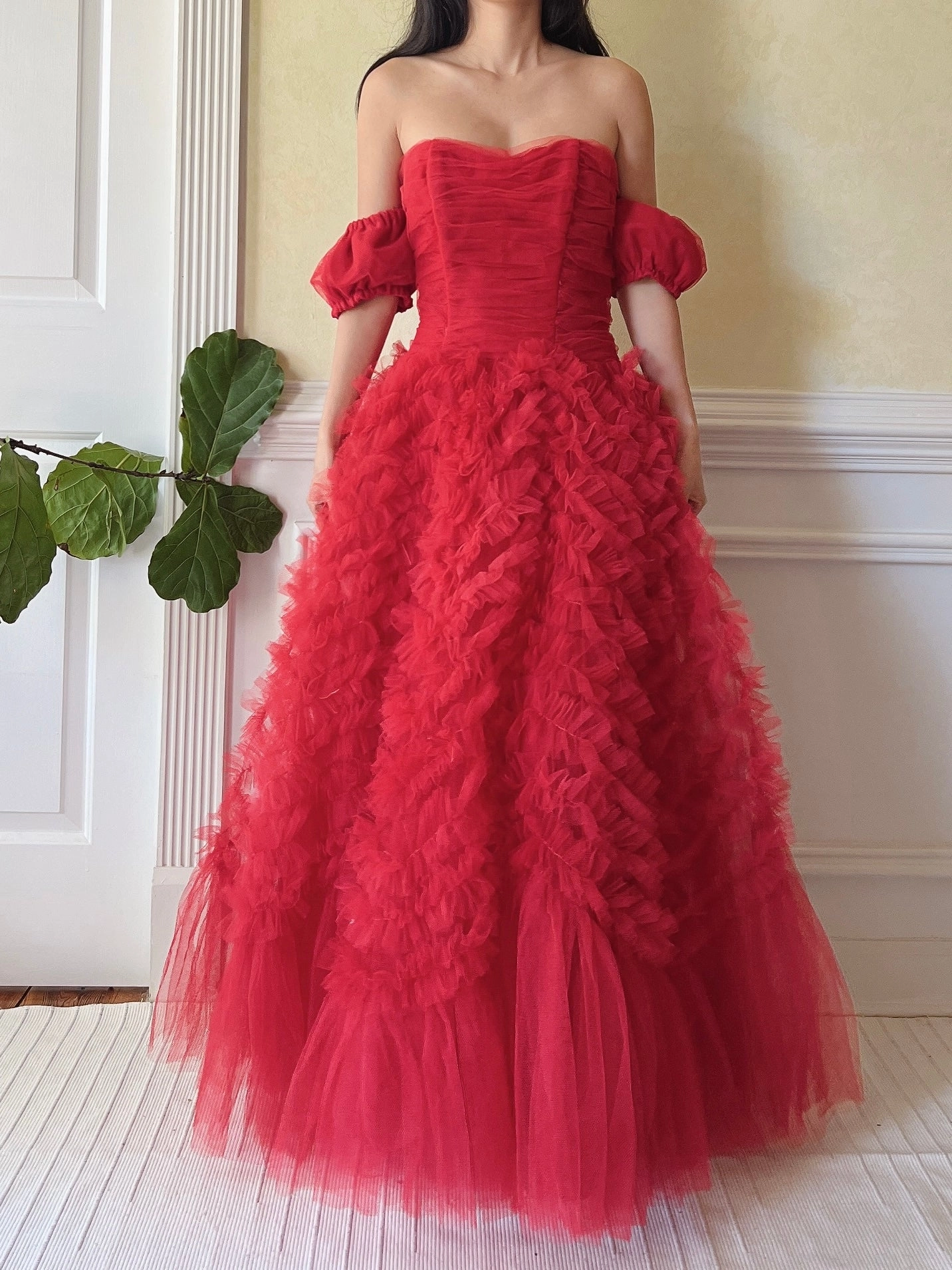 1950s Red Rulle Tulle Dress - S