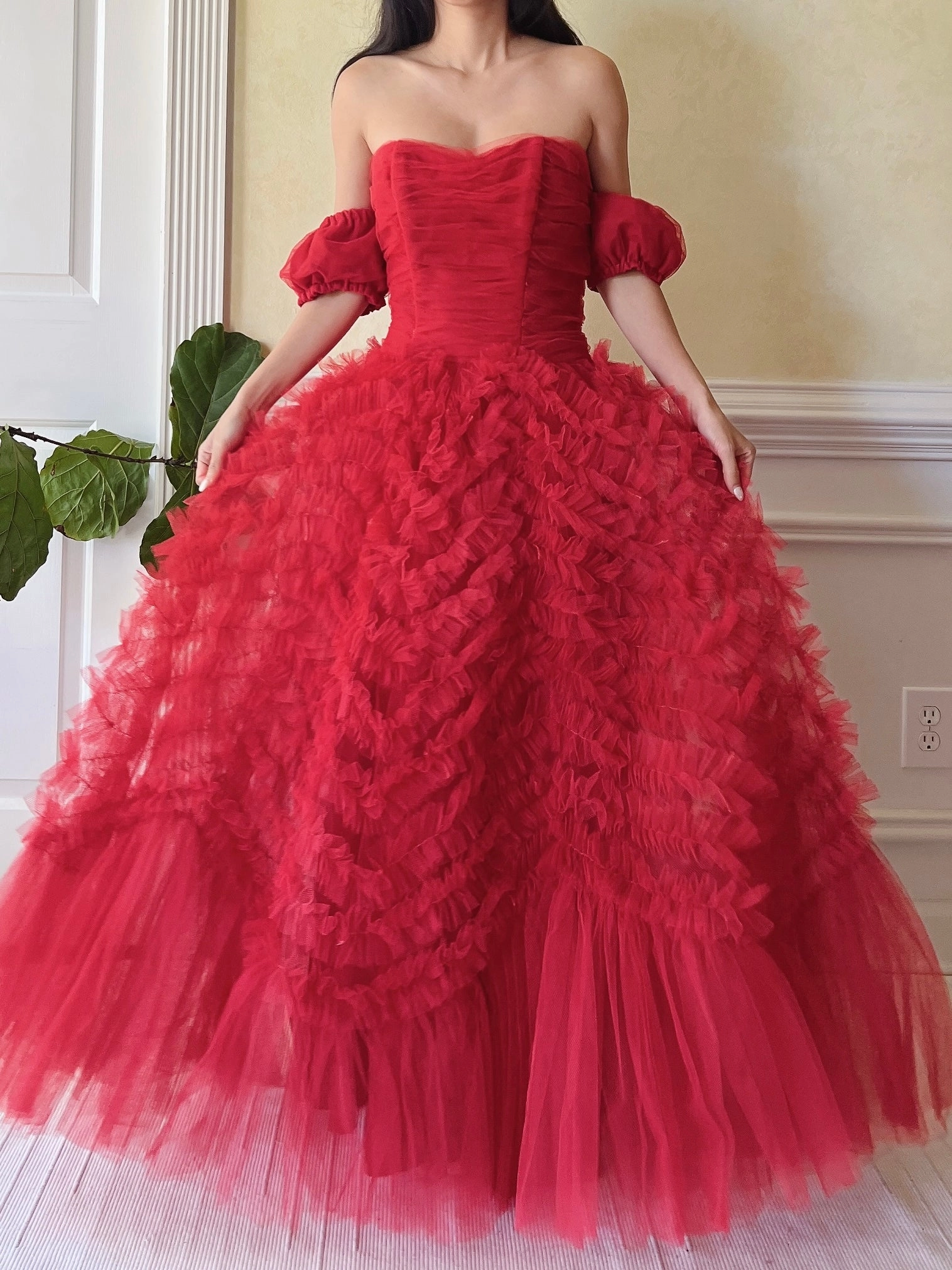 1950s Red Rulle Tulle Dress - S