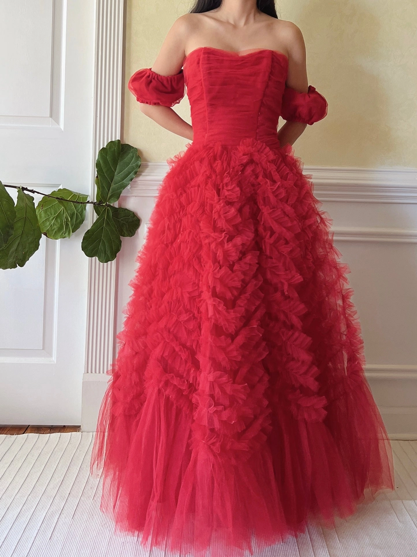 1950s Red Rulle Tulle Dress - S