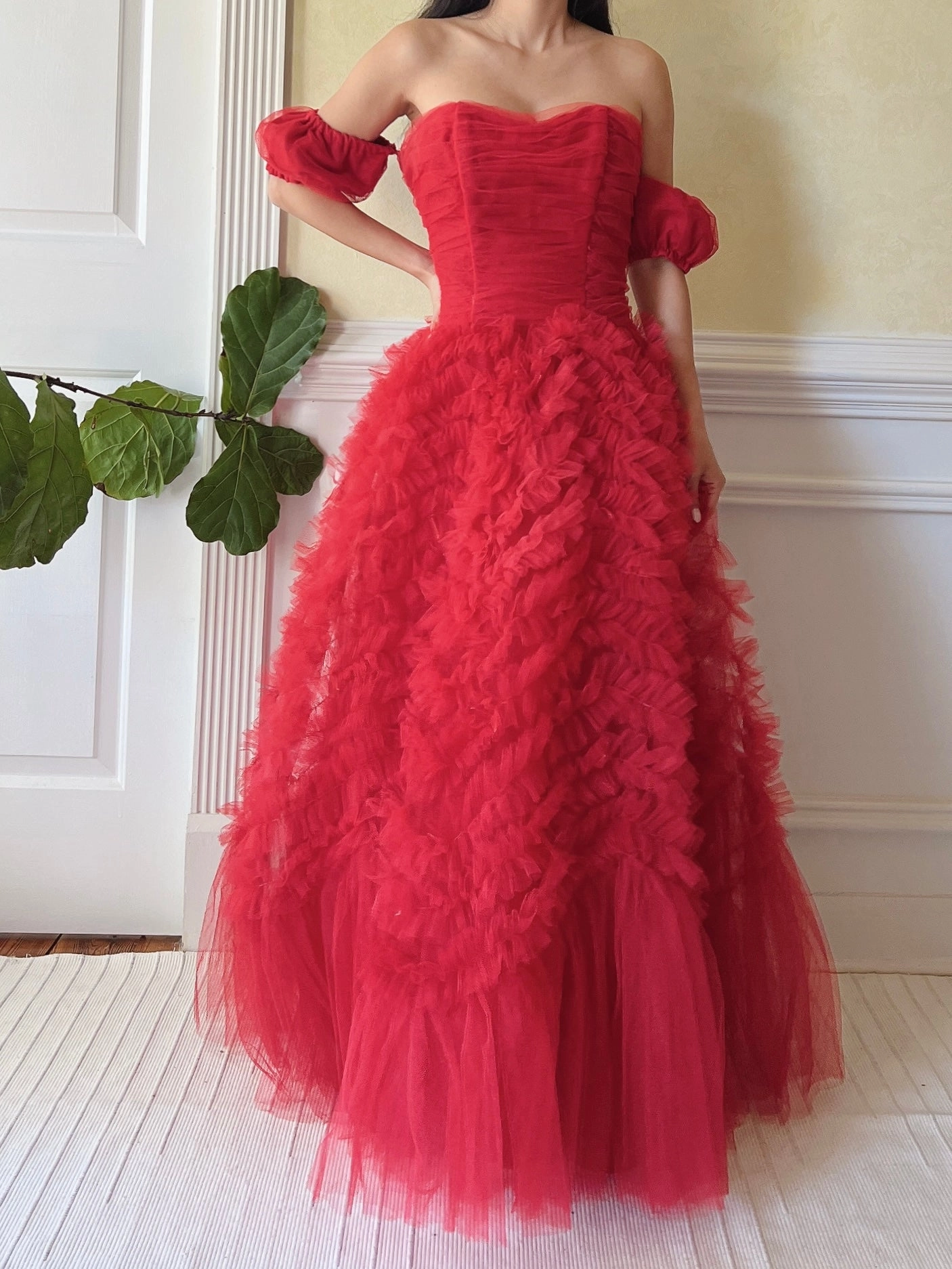 1950s Red Rulle Tulle Dress - S