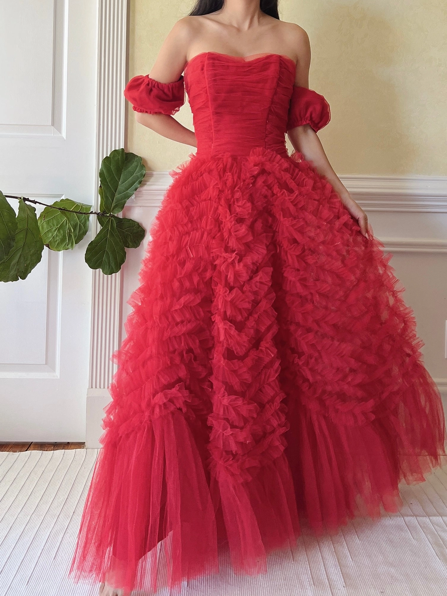 1950s Red Rulle Tulle Dress - S