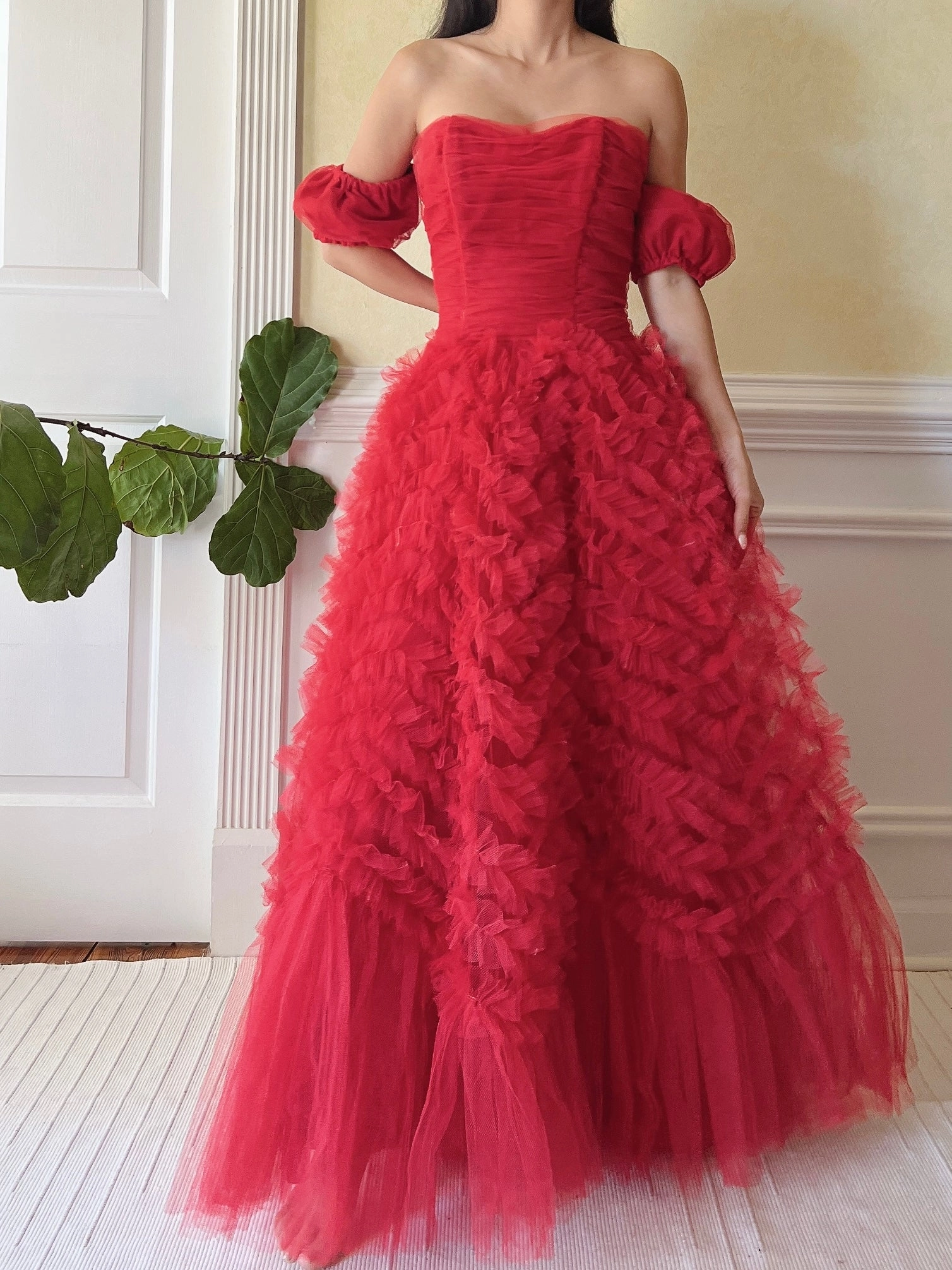 1950s Red Rulle Tulle Dress - S