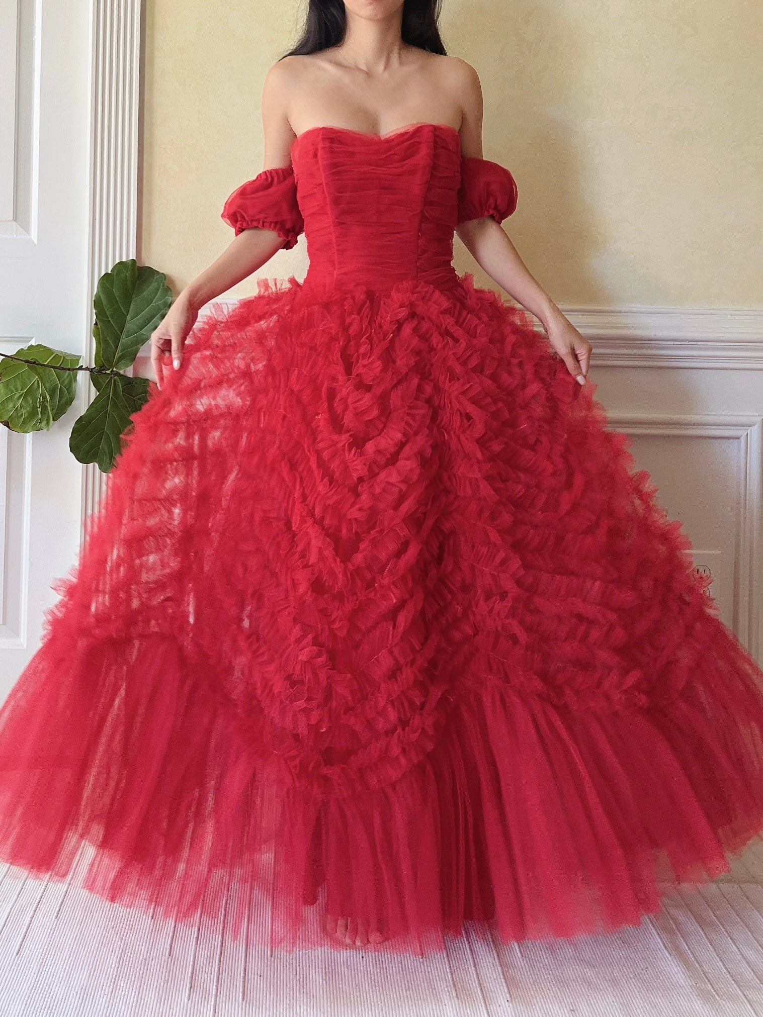 1950s Red Rulle Tulle Dress - S