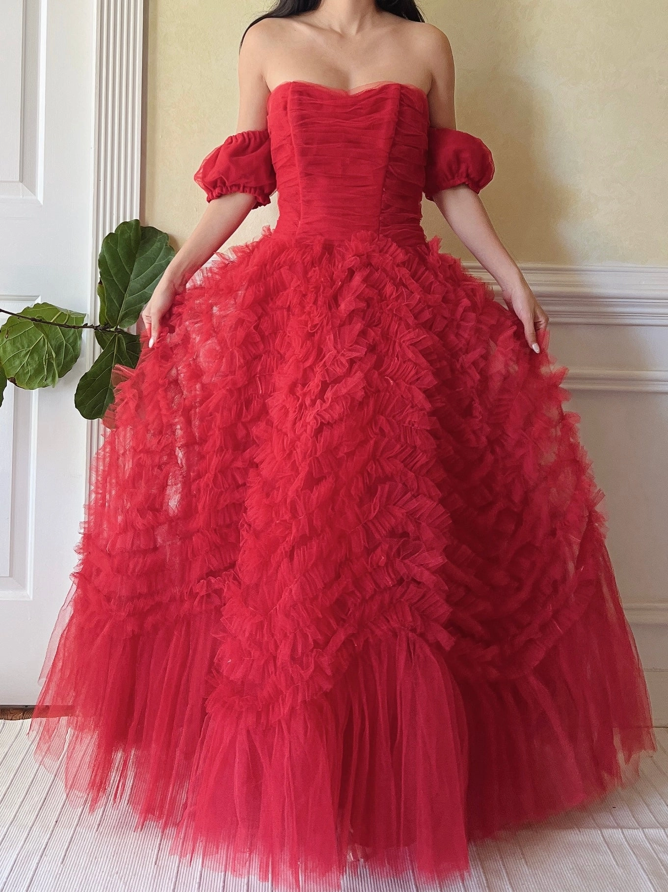 1950s Red Rulle Tulle Dress - S