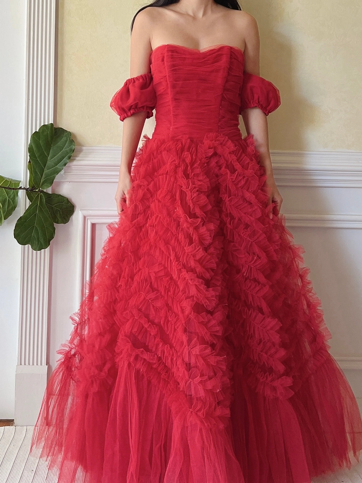 1950s Red Rulle Tulle Dress - S