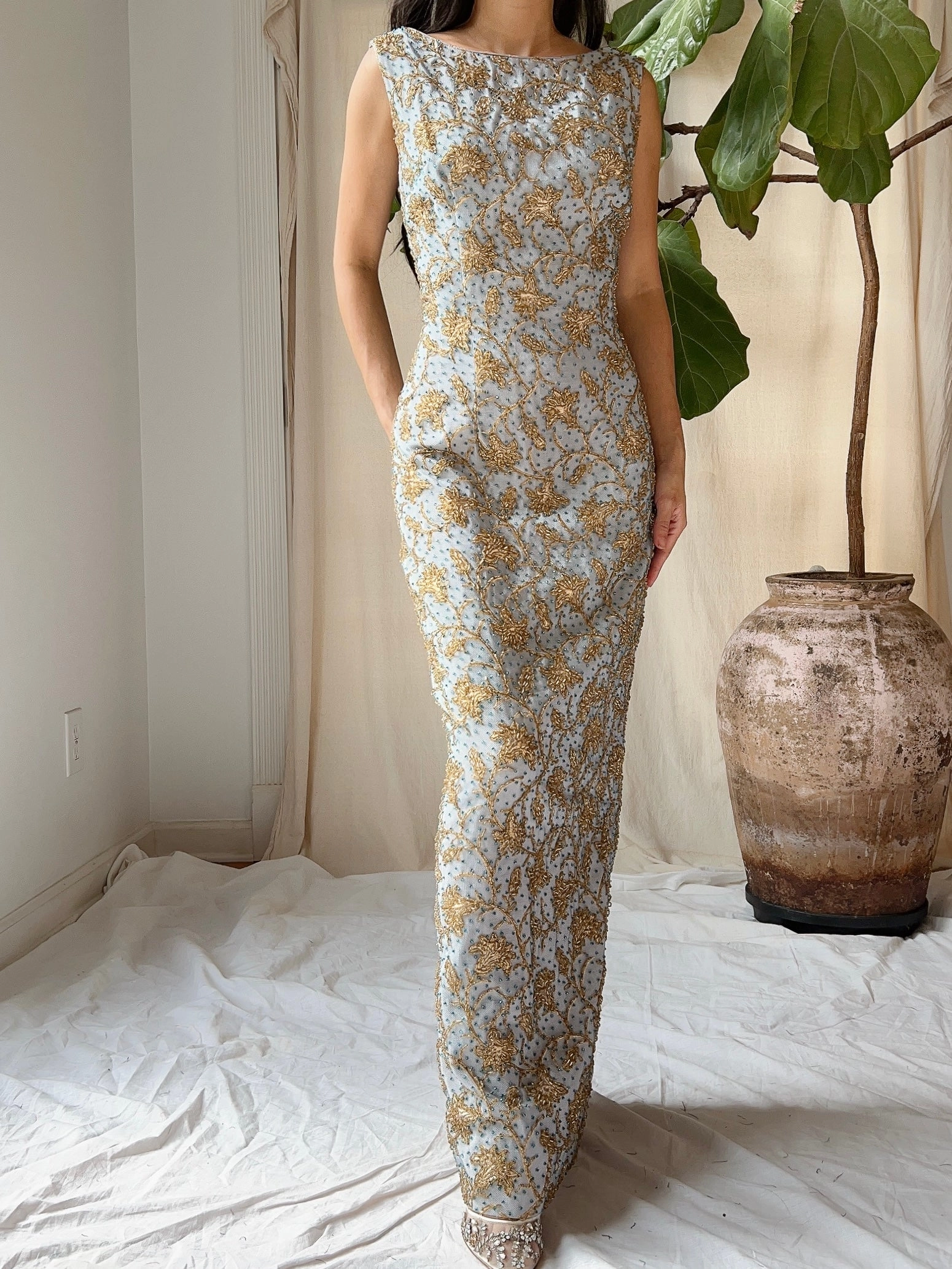 1960s Beaded Brocade Gown - S