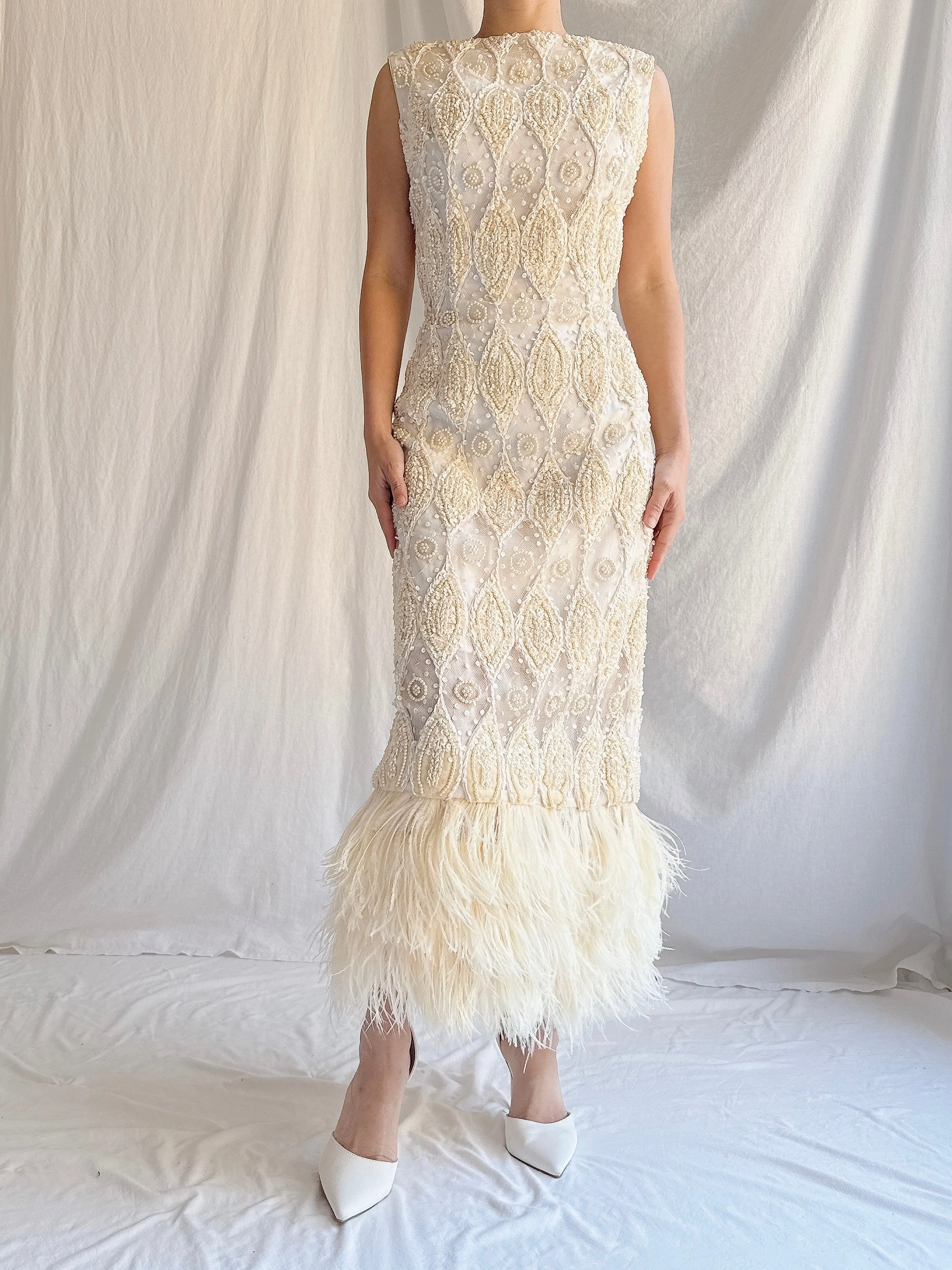 1960s Tulle Beaded Gown with Feather Embellishment - S 4-6