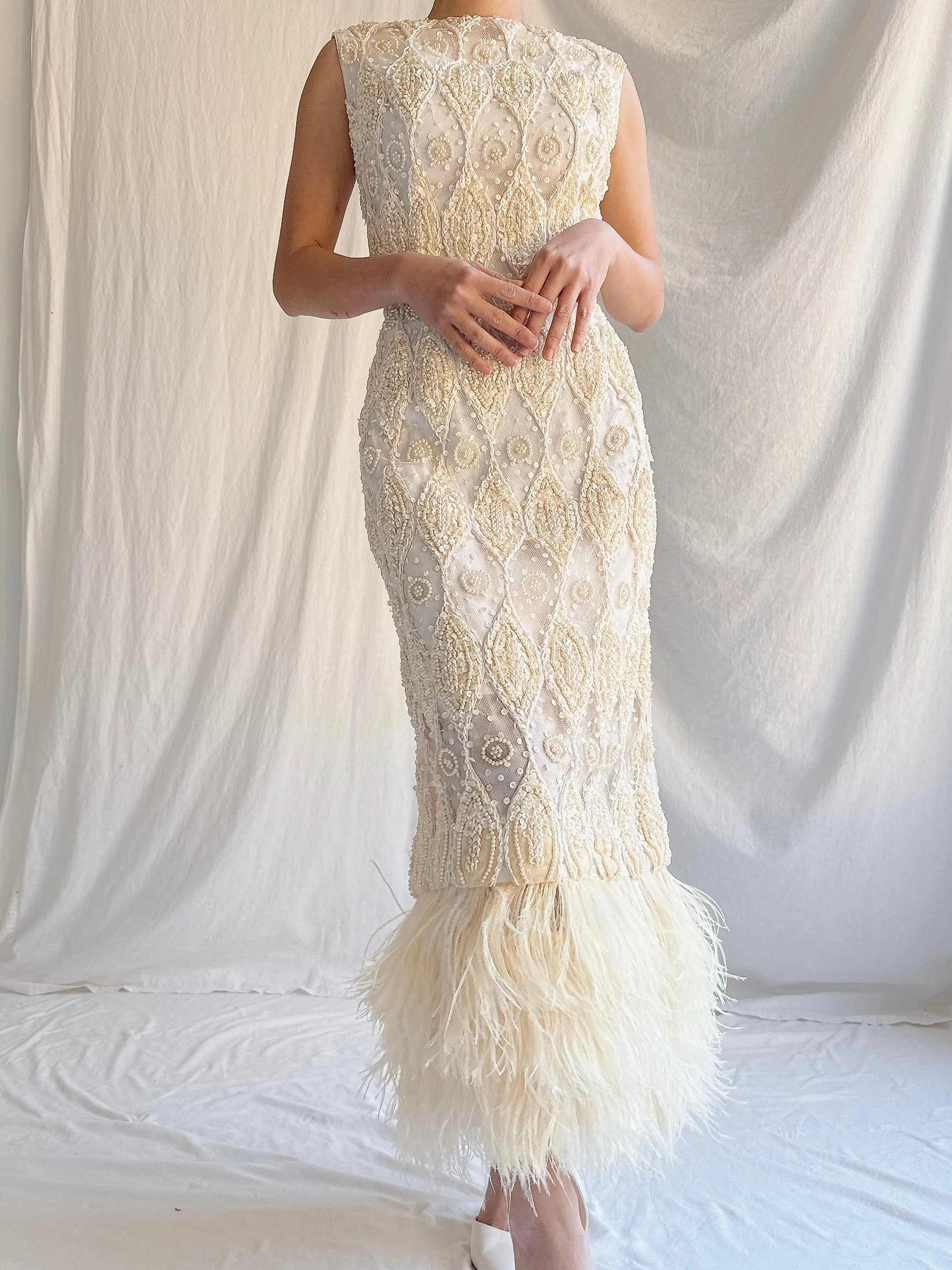 1960s Tulle Beaded Gown with Feather Embellishment - S 4-6