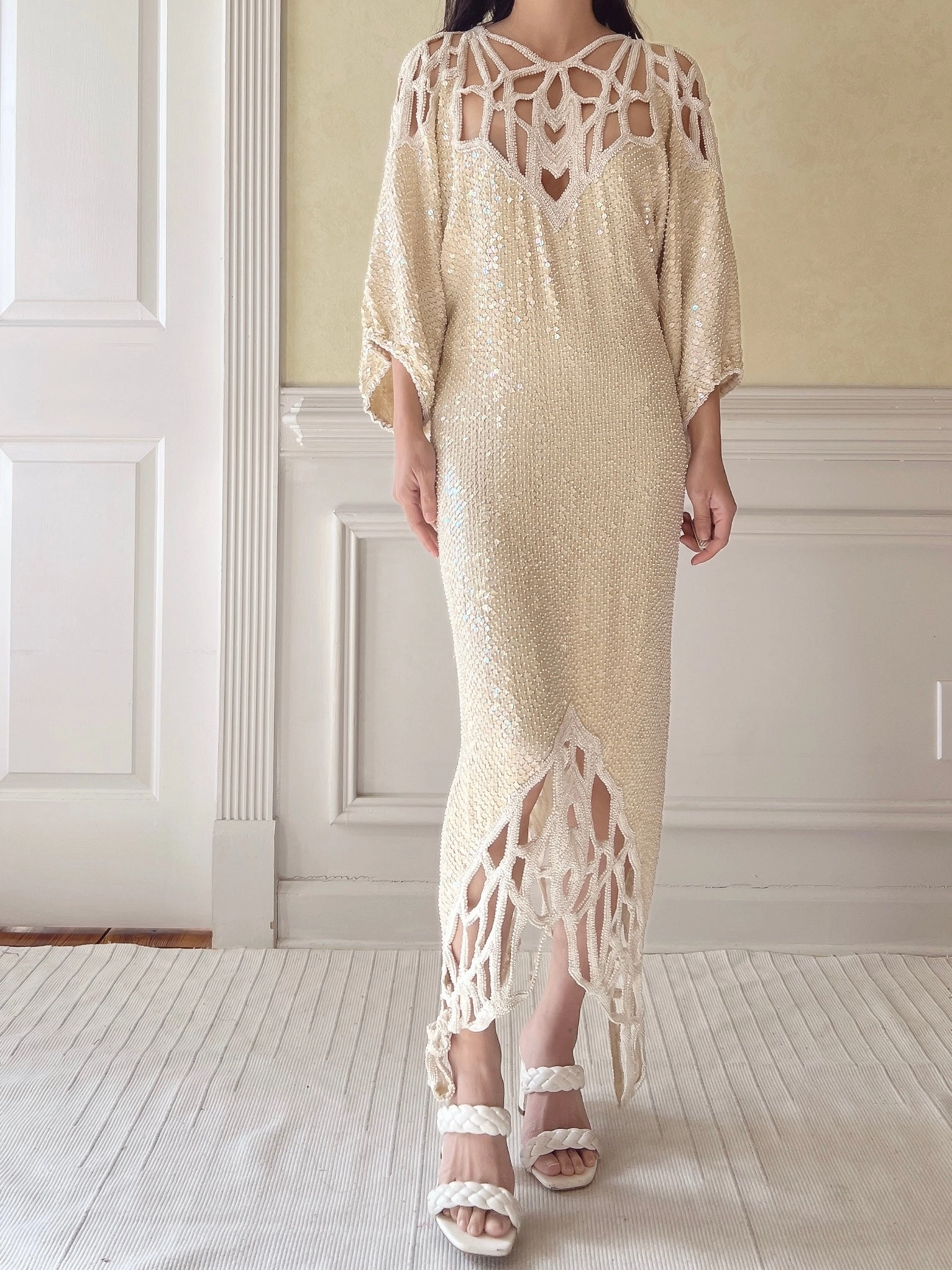 1970s Silk Beaded Cutout Dress - M/L