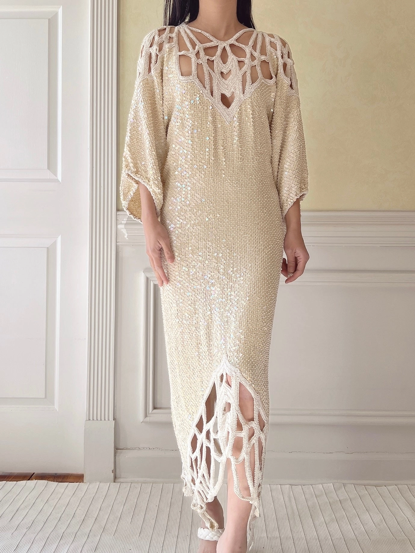1970s Silk Beaded Cutout Dress - M/L