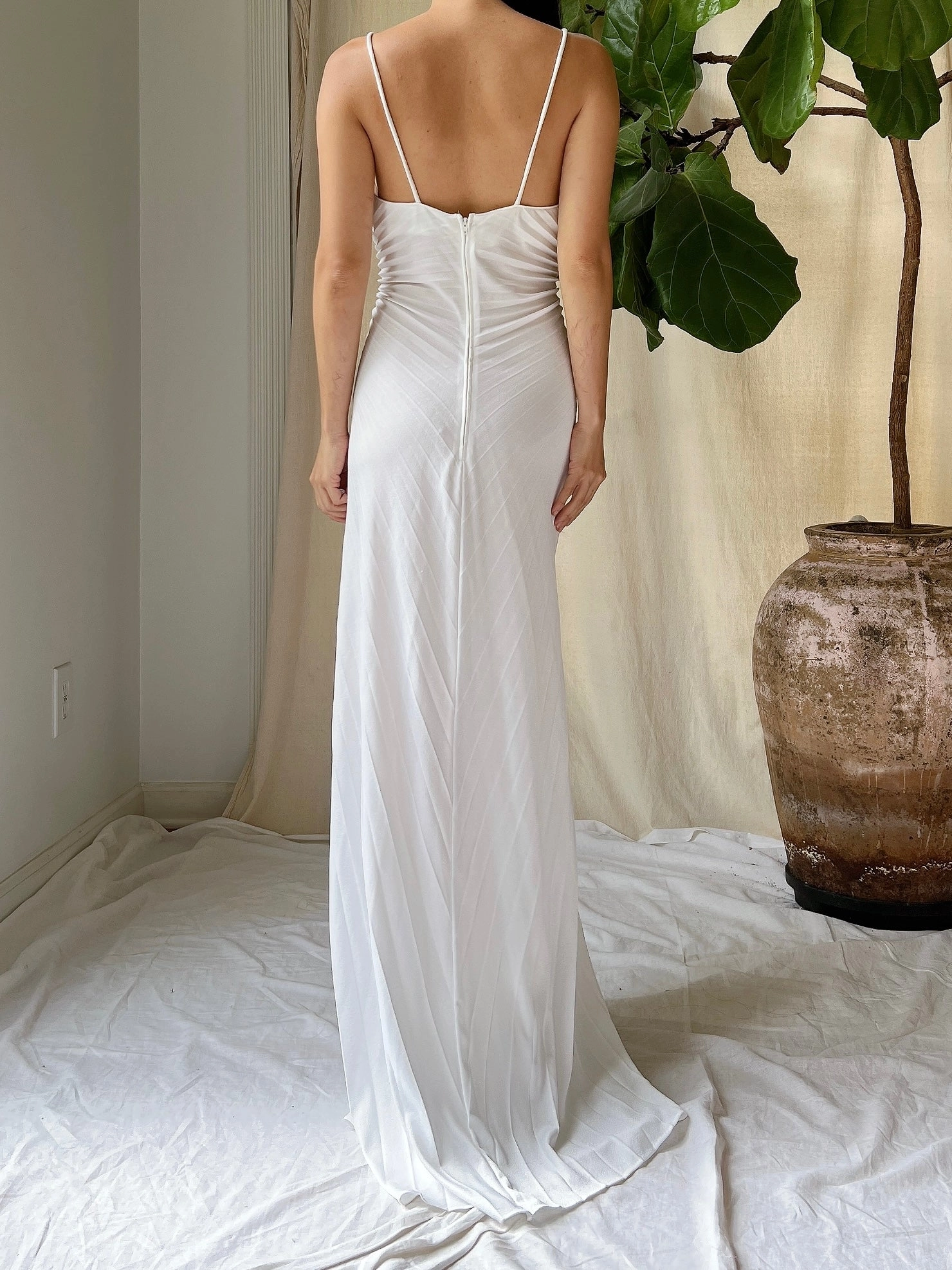 1970s White Jersey Pleated Dress - S