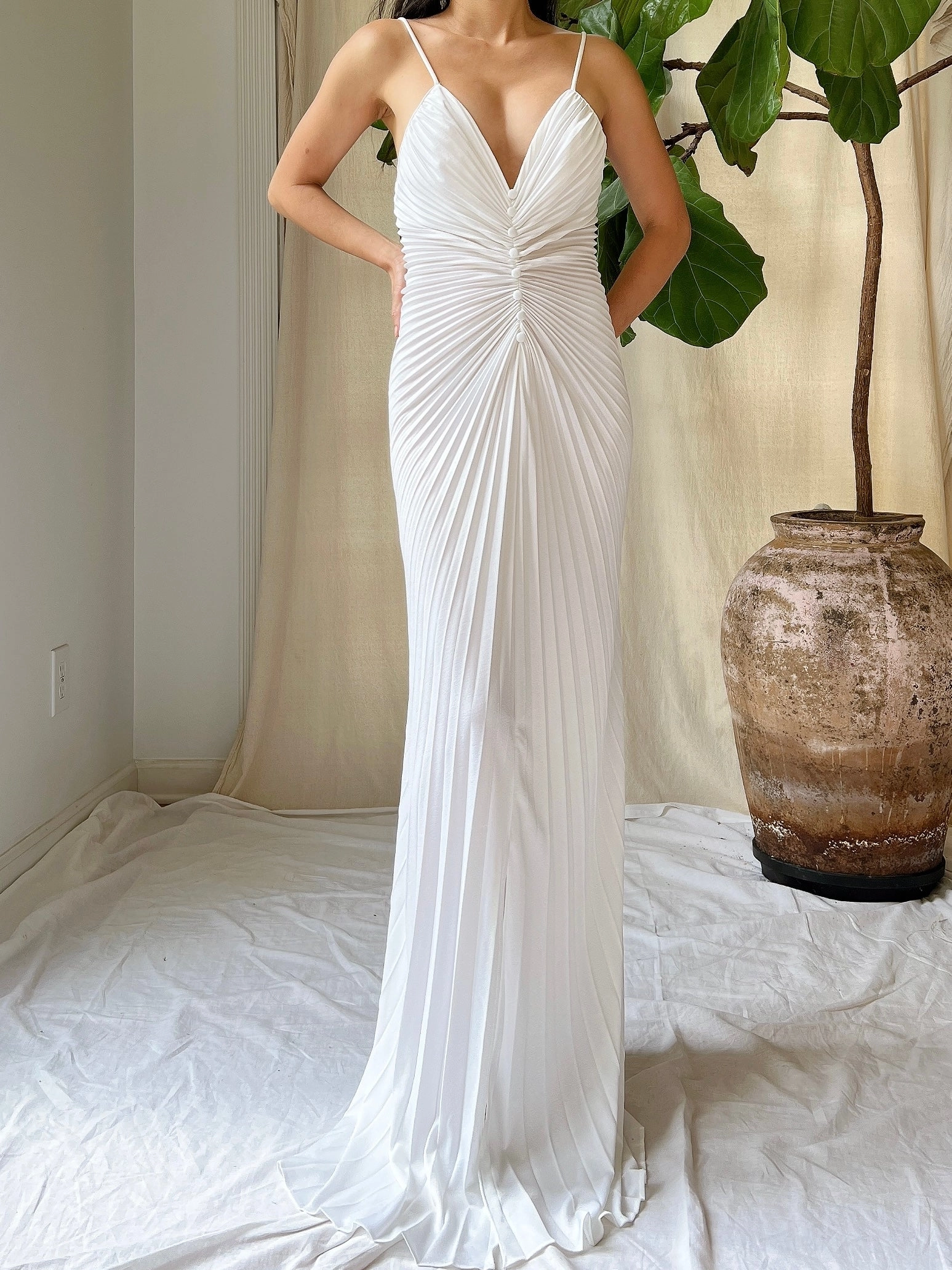 1970s White Jersey Pleated Dress - S