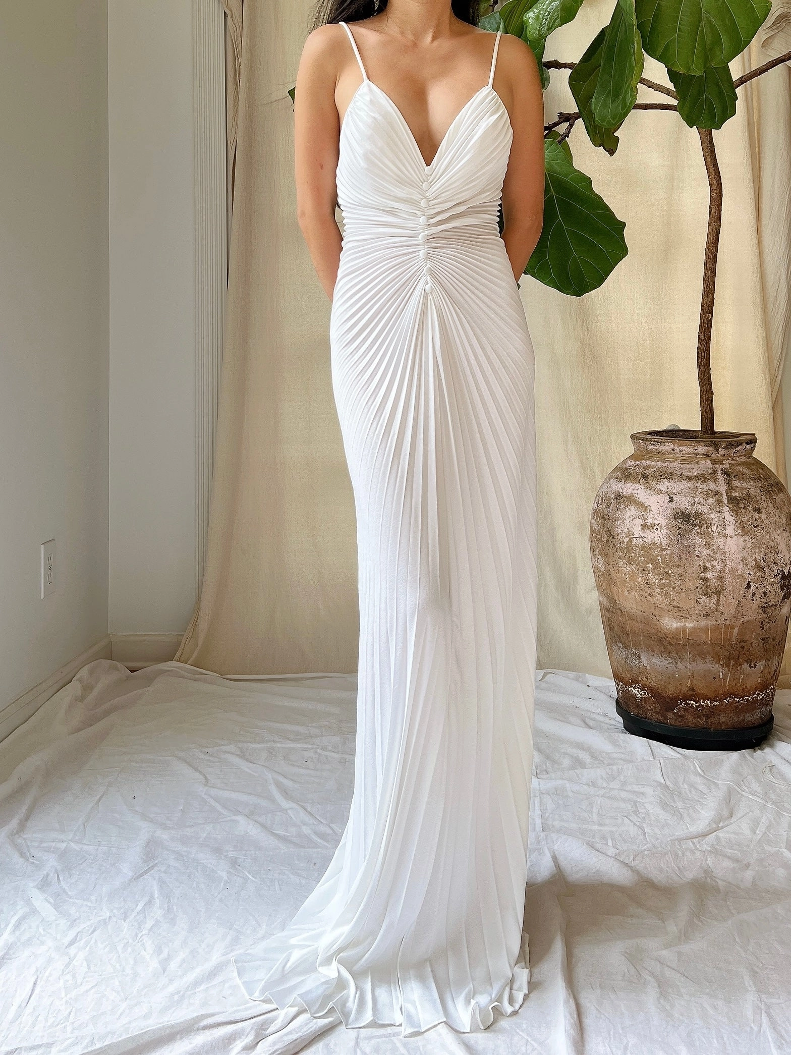 1970s White Jersey Pleated Dress - S