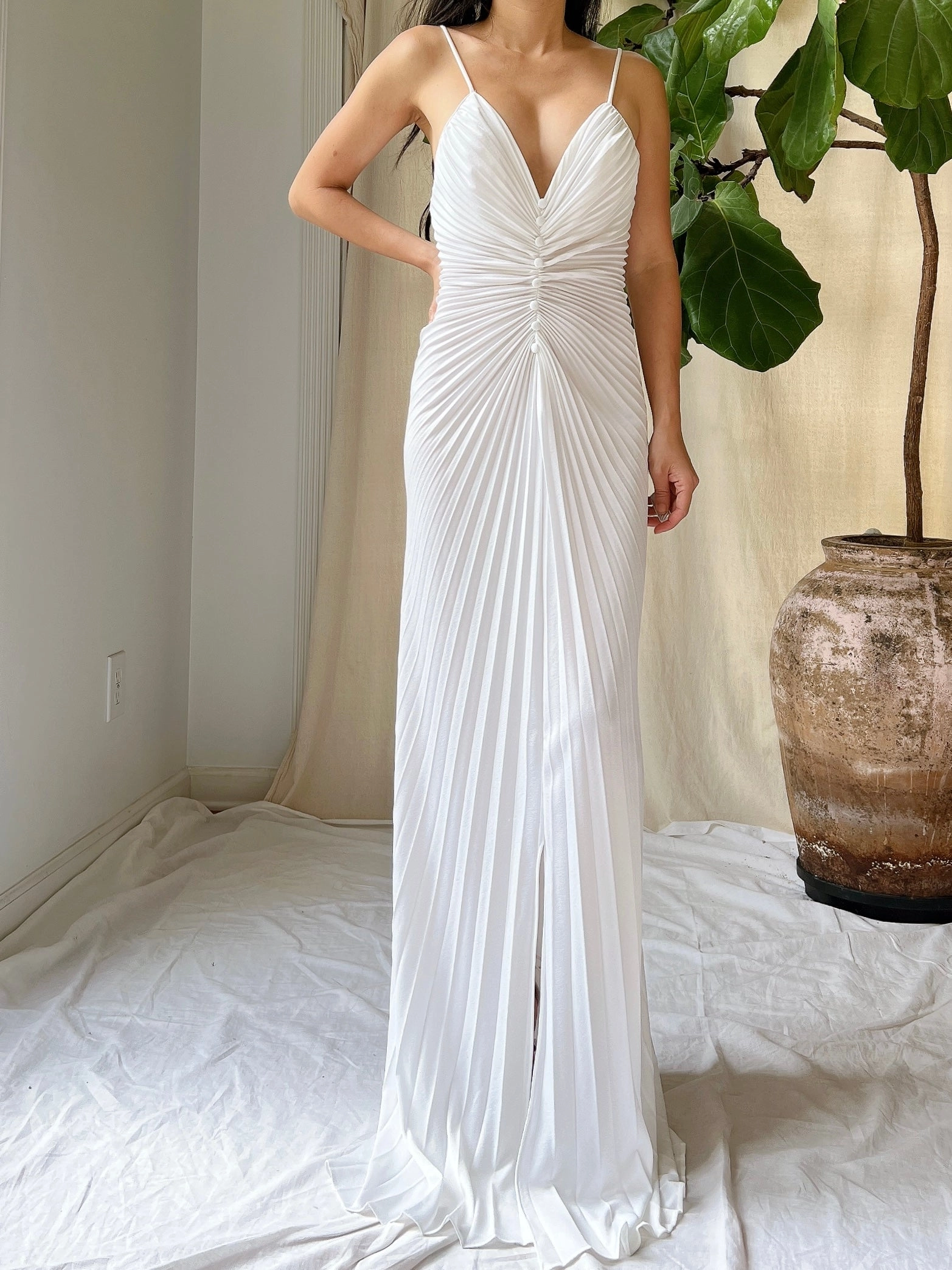 1970s White Jersey Pleated Dress - S