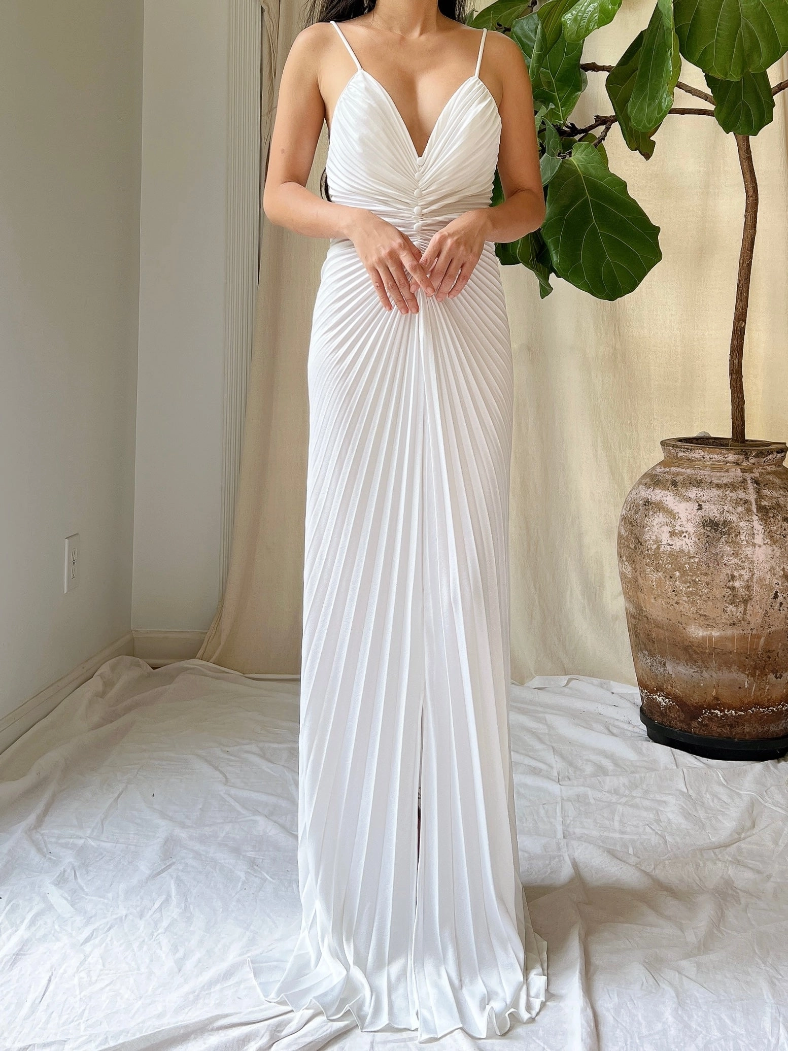1970s White Jersey Pleated Dress - S