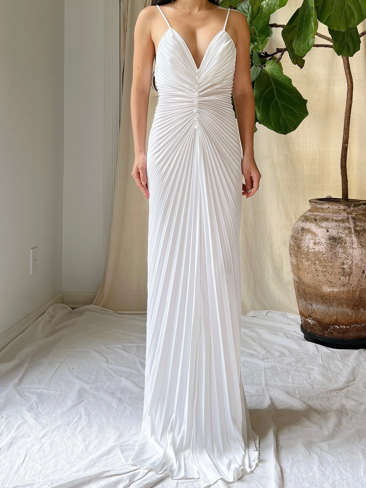 1970s White Jersey Pleated Dress - S