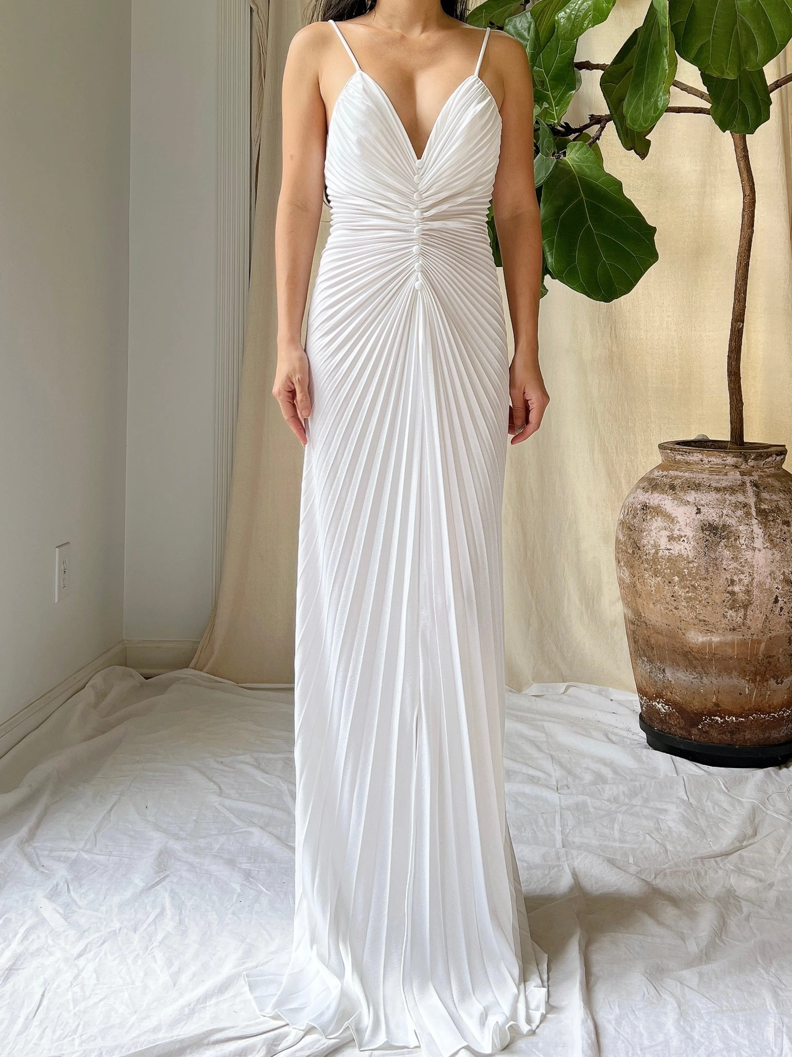 1970s White Jersey Pleated Dress - S