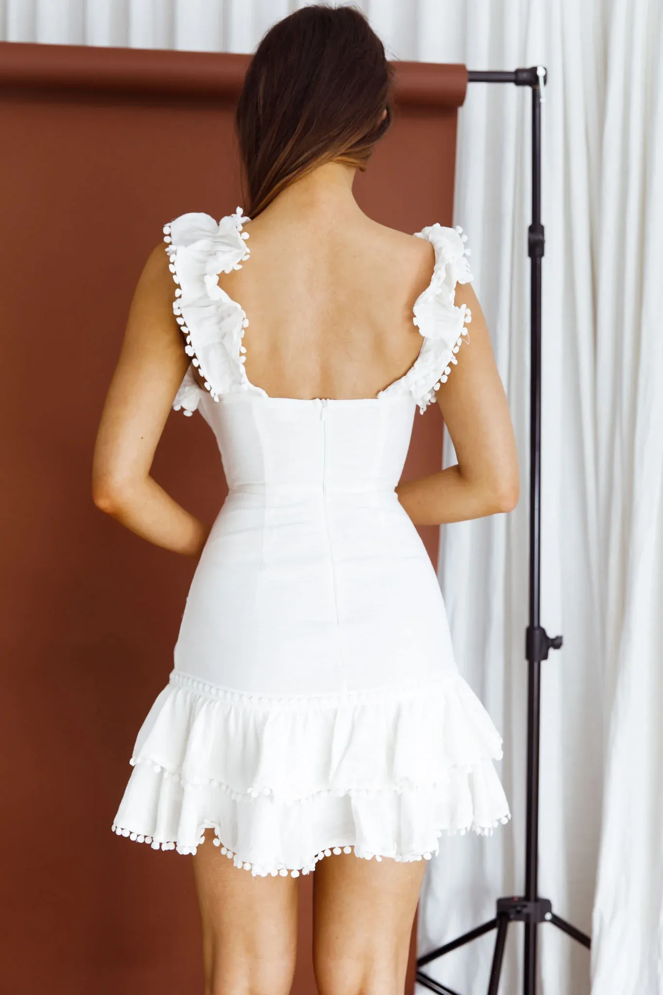 Annie Ruffle Shoulder Strap Layered Hem Mini Dress White