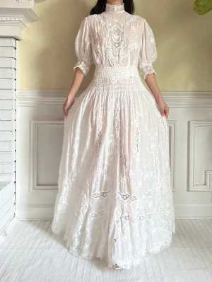 Antique Puff Sleeve Embroidered Dress - S