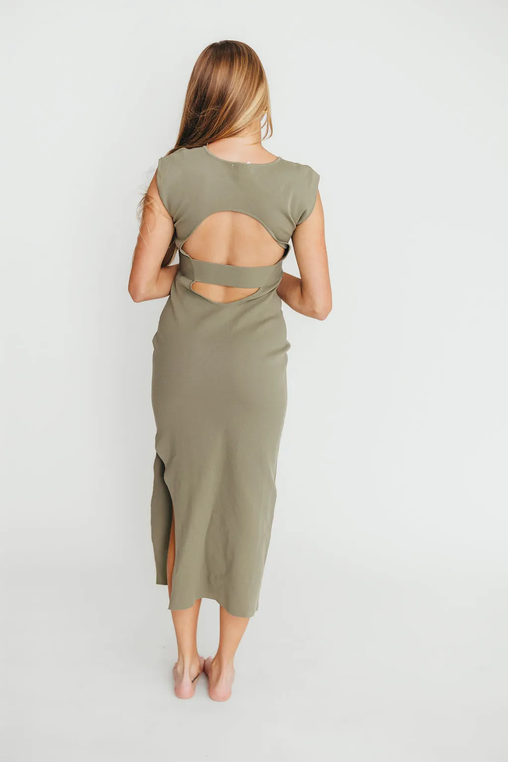 Arabella Open Back Bodycon Midi Dress in Light Olive