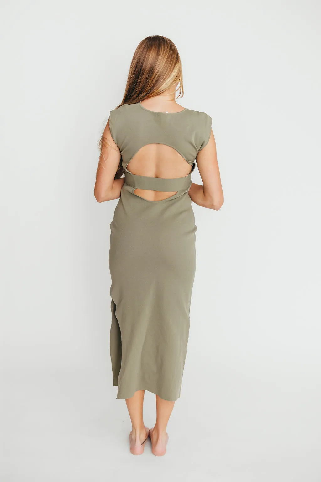 Arabella Open Back Bodycon Midi Dress in Light Olive