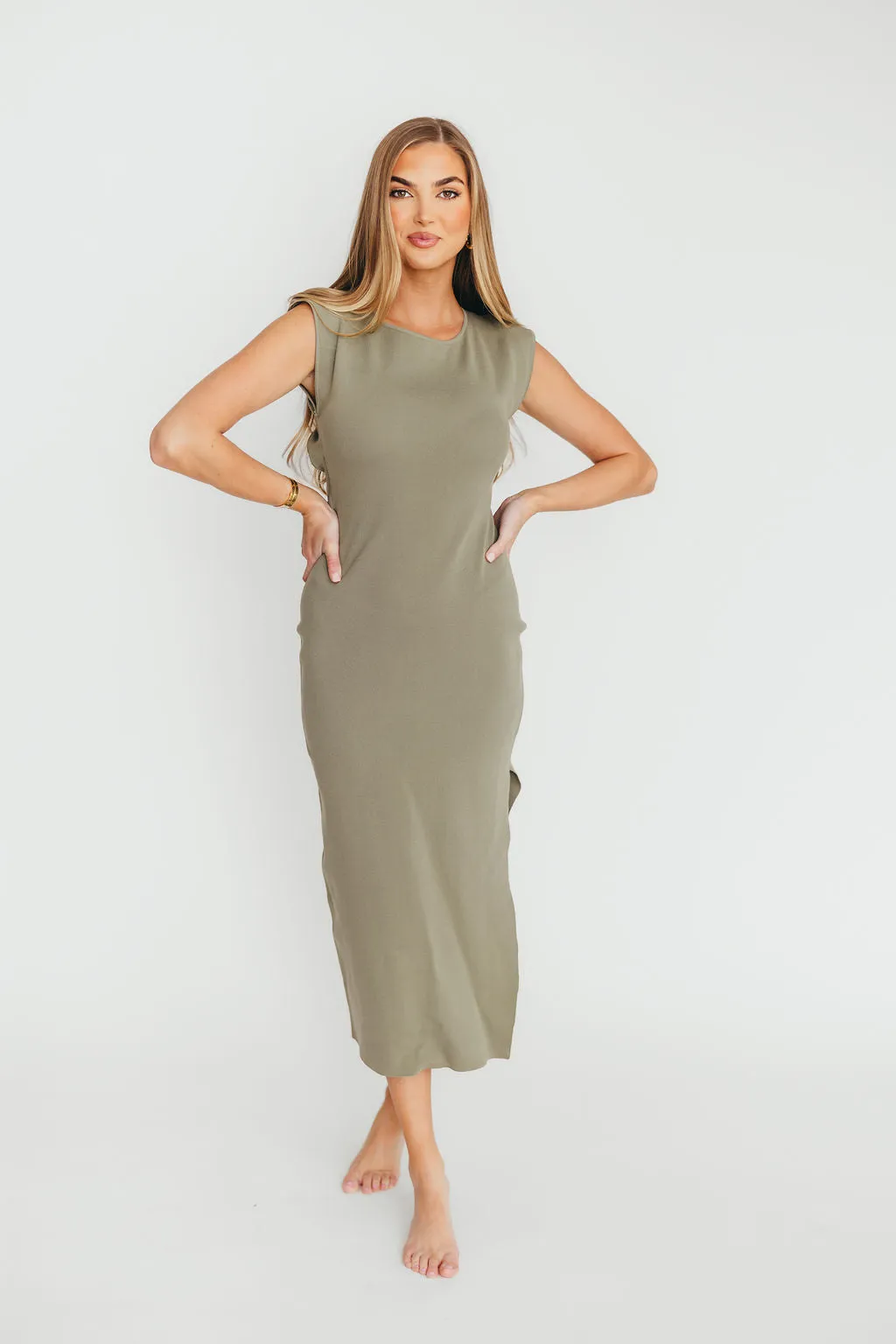 Arabella Open Back Bodycon Midi Dress in Light Olive