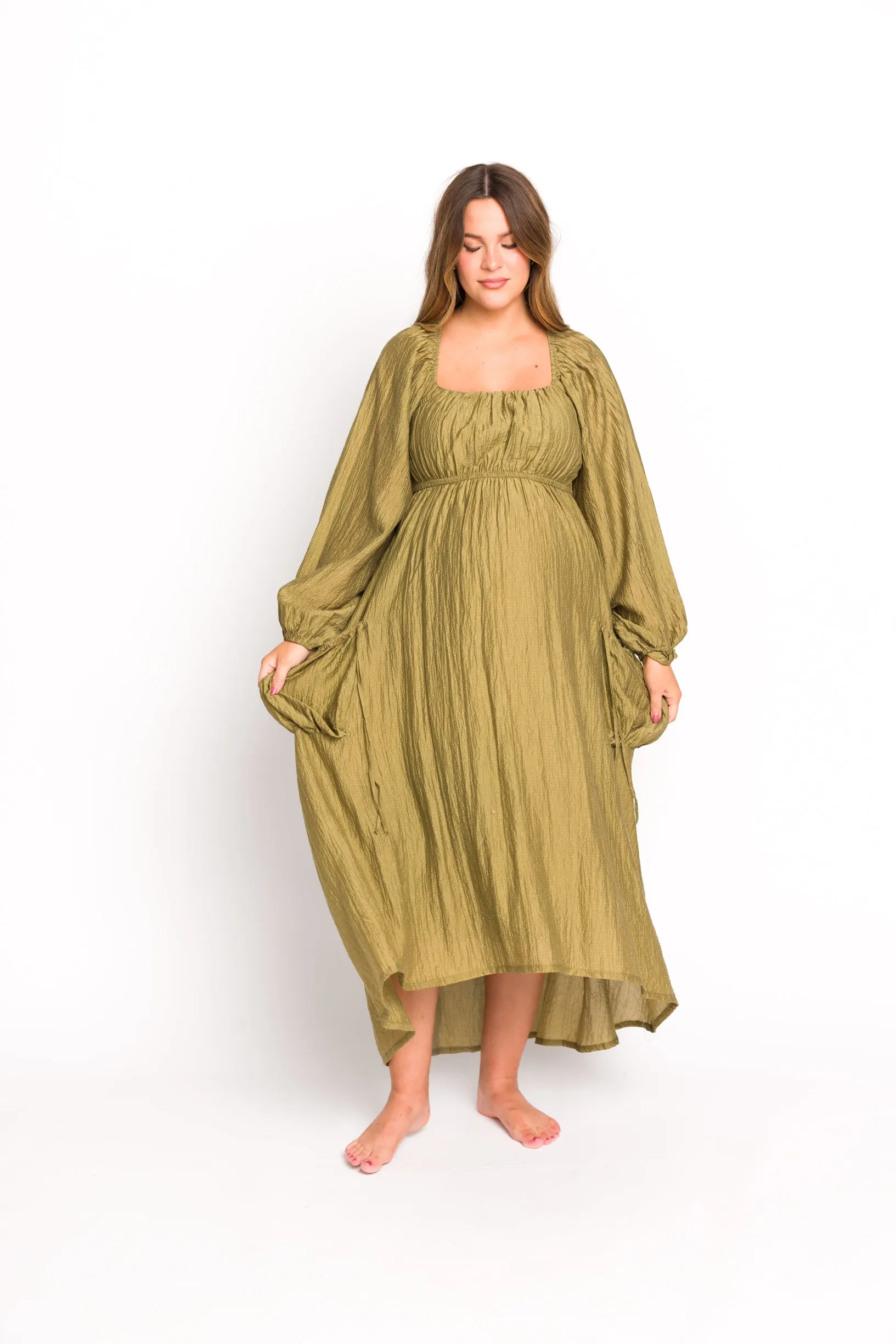 Ariana Long Sleeved Maxi Dress with Slouchy Pocket in Olive