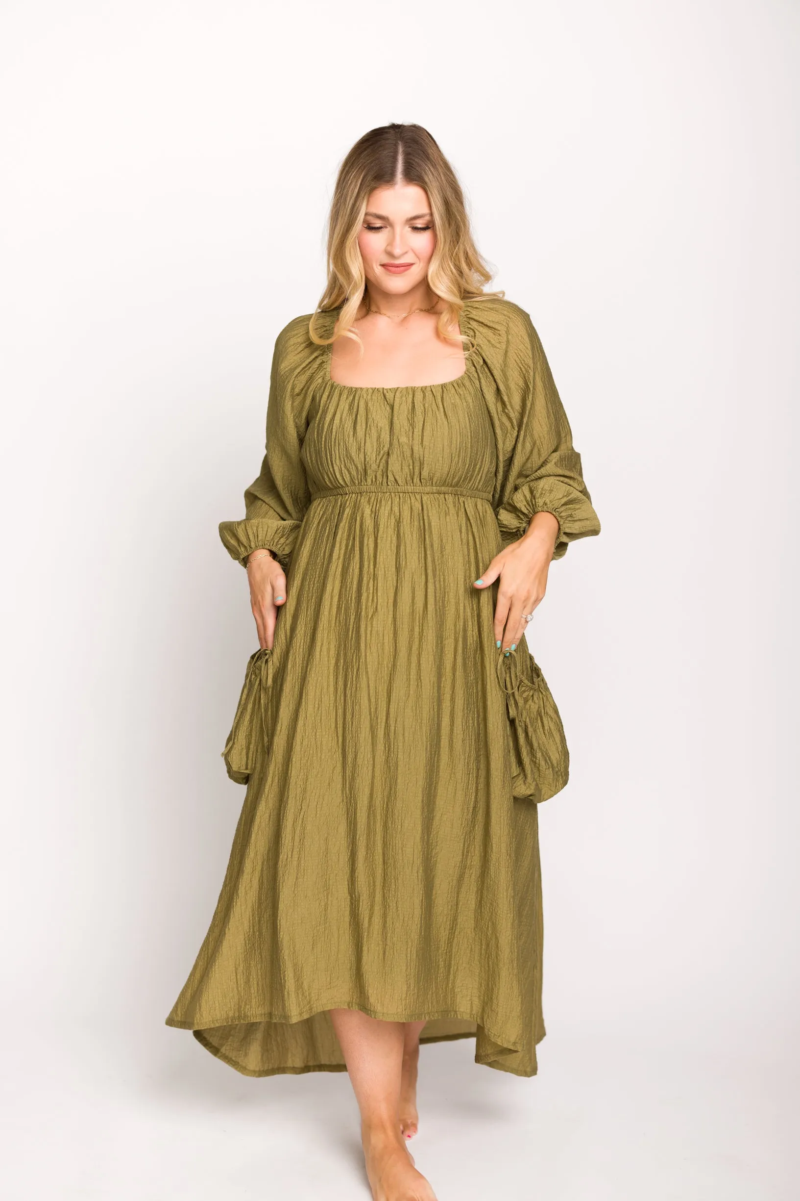 Ariana Long Sleeved Maxi Dress with Slouchy Pocket in Olive